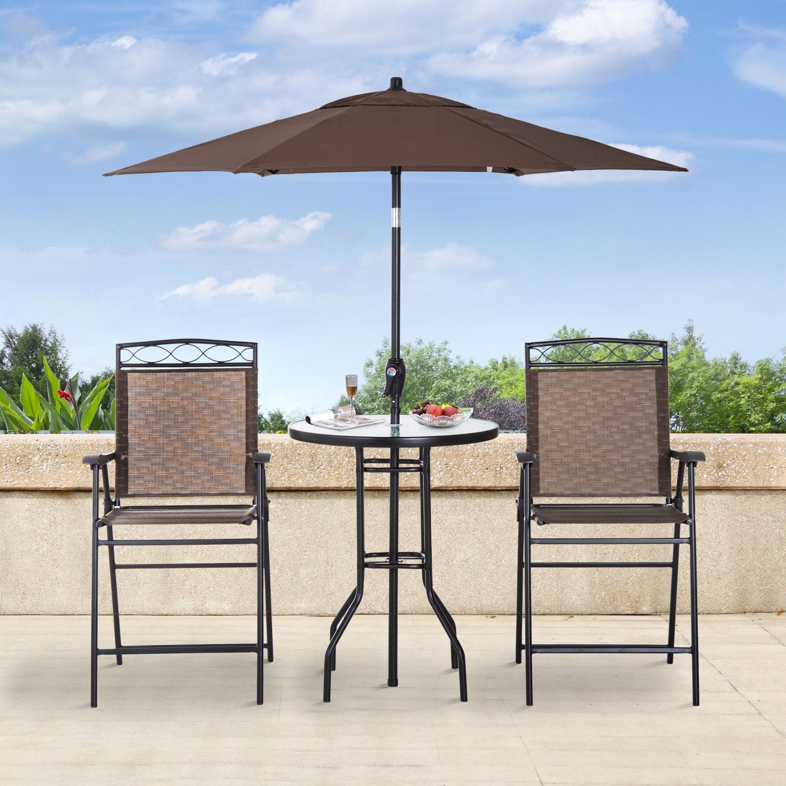 Patio Bar Set for 2: Tempered Glass Table, 2 Folding Chairs, 75in Tilt Umbrella