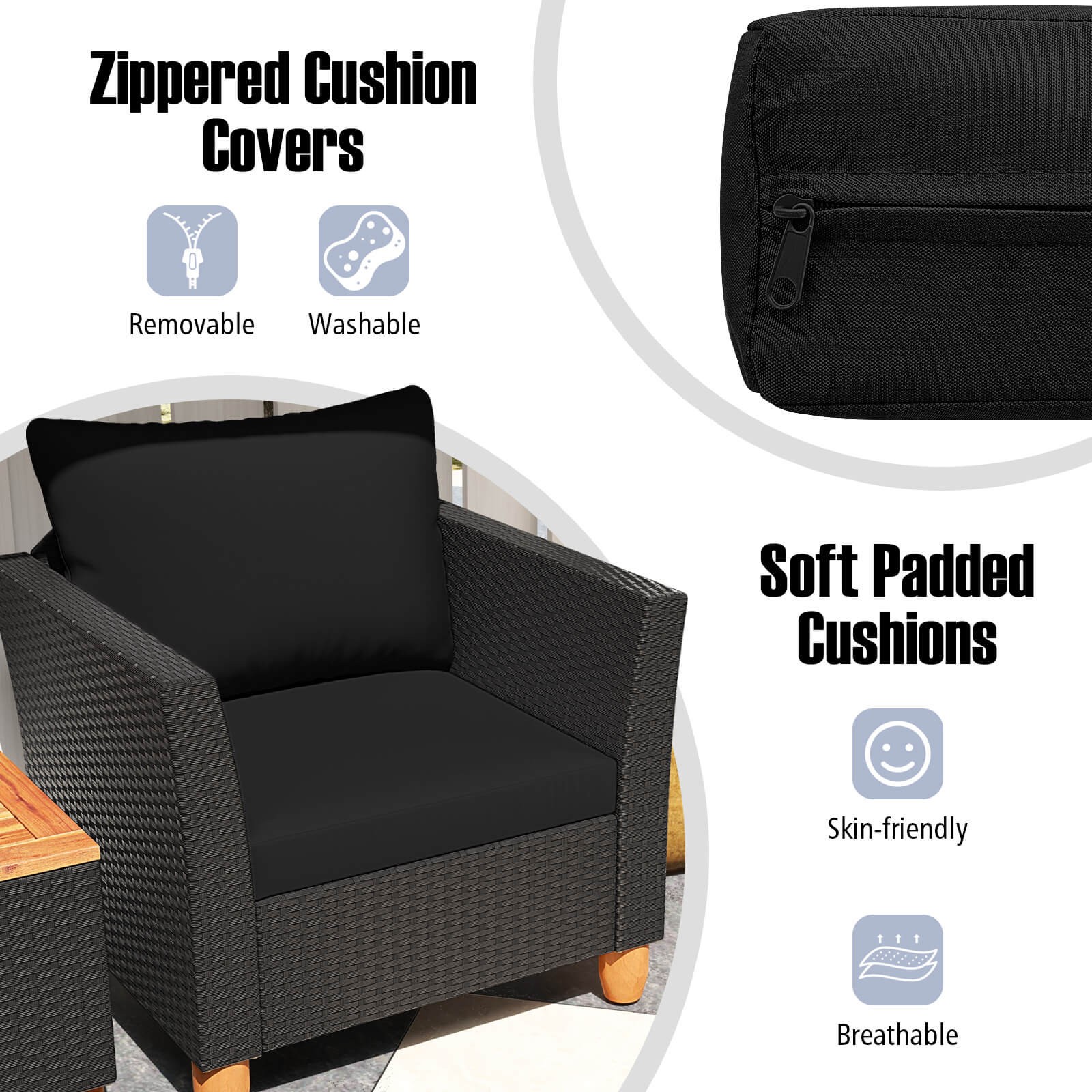 3PCS Outdoor Patio Rattan Furniture Set Wooden Table Top Cushioned Sofa Black