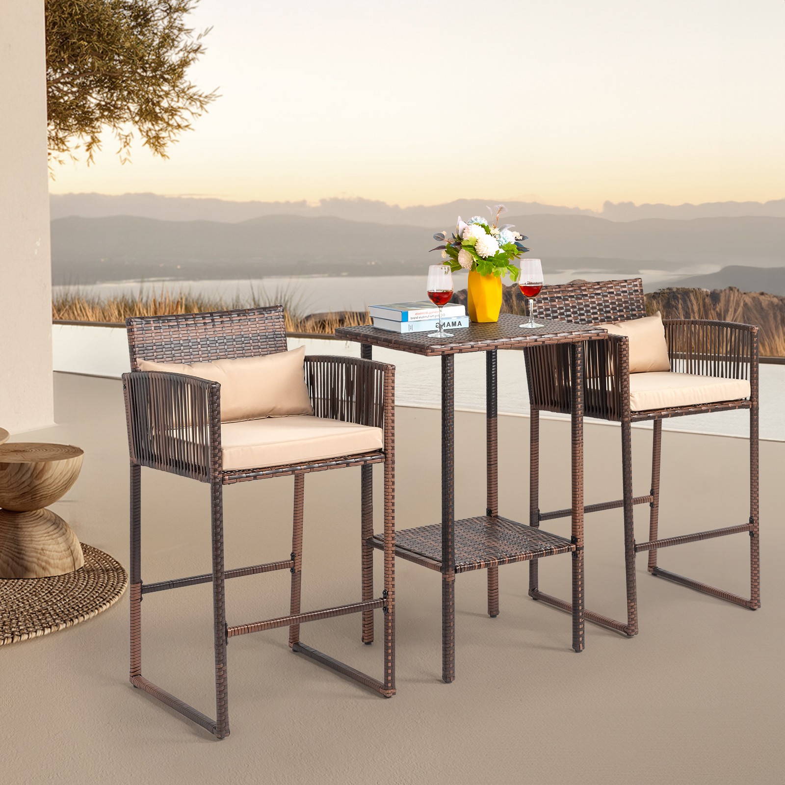 Bar Height Bistro Table Set for 2 People, High Top Wicker Bar Stools & Table