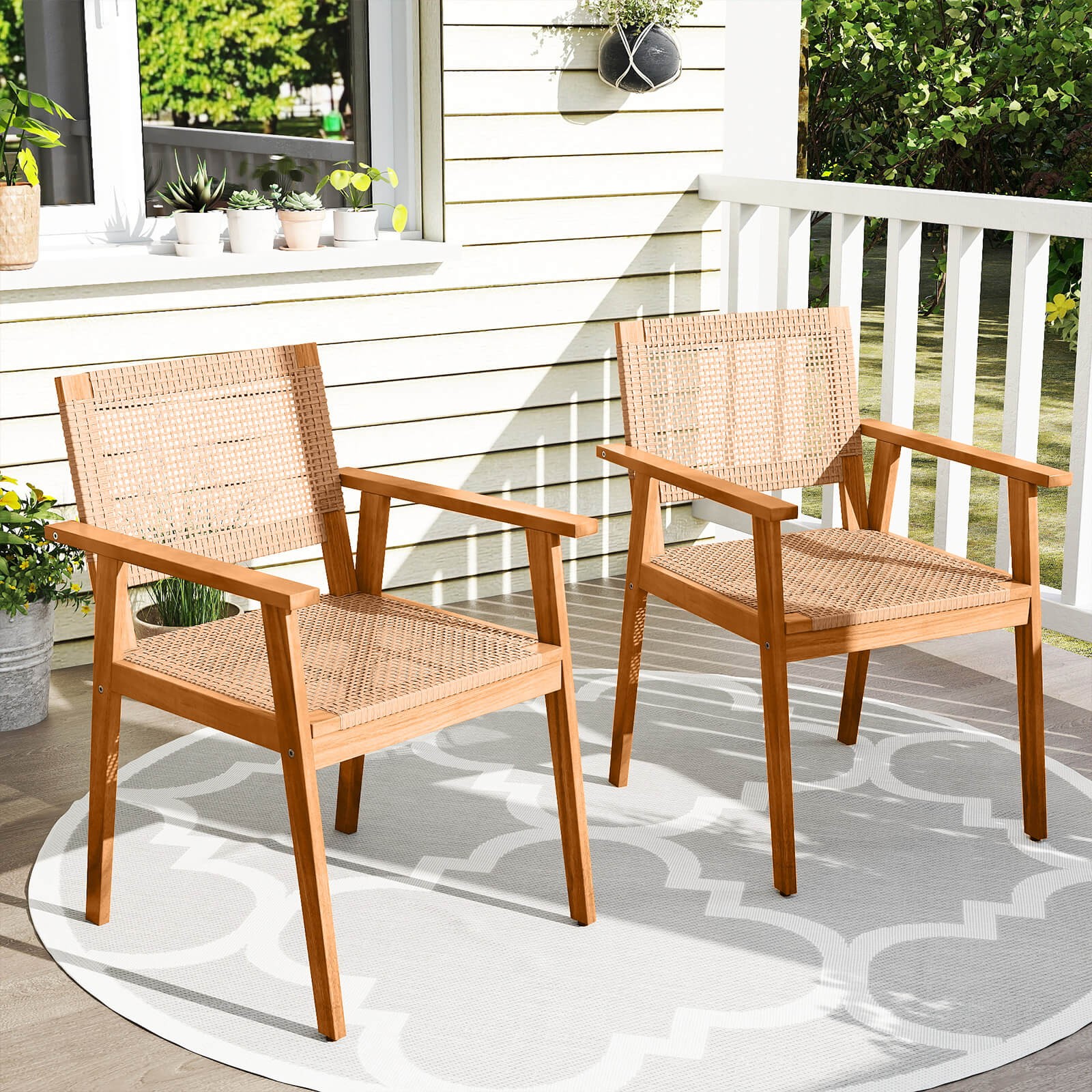 Acacia Wood Outdoor Dining Chairs Set of 4 w/Backrests & Armrests for Backyard