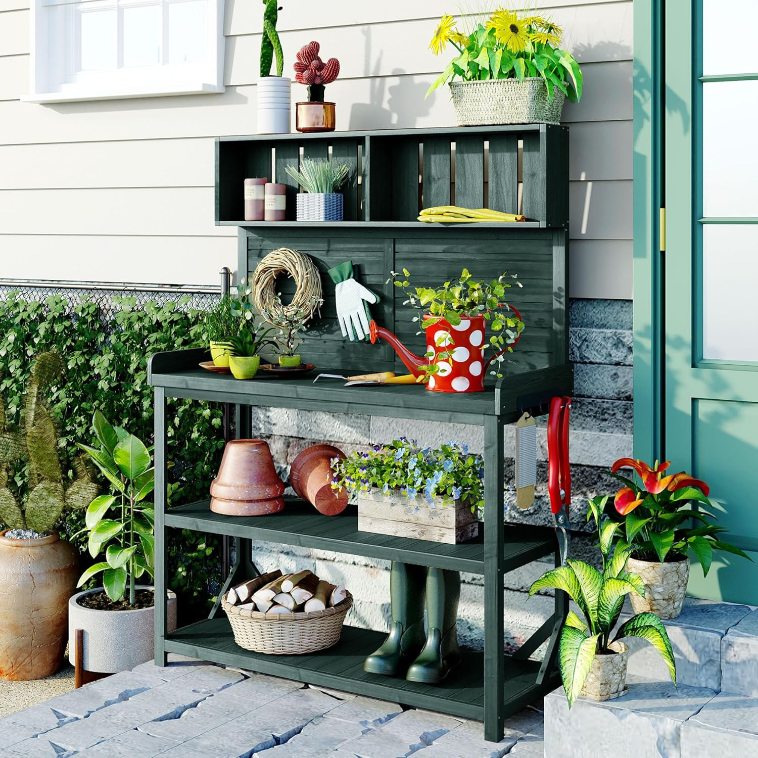 65″ Rustic Wooden Potting Bench with Storage Shelves & Side Hook – Forest Green