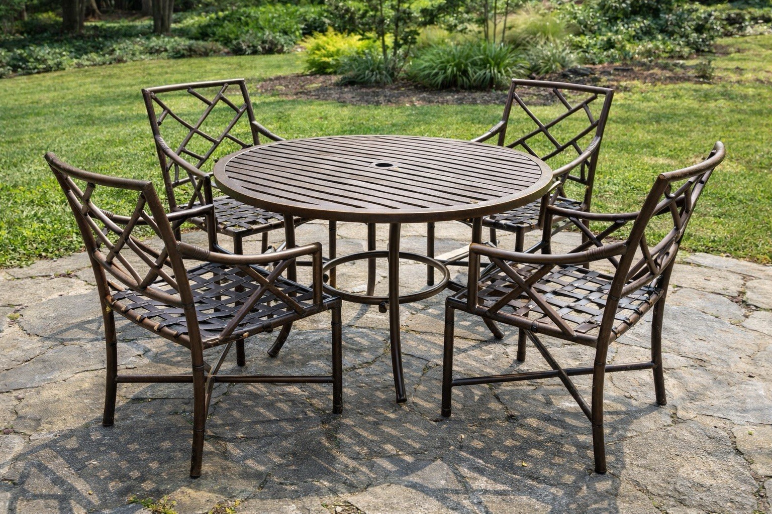 Brown Metal Outdoor Dining Set, Round Table with Umbrella Hole & 4 Chairs