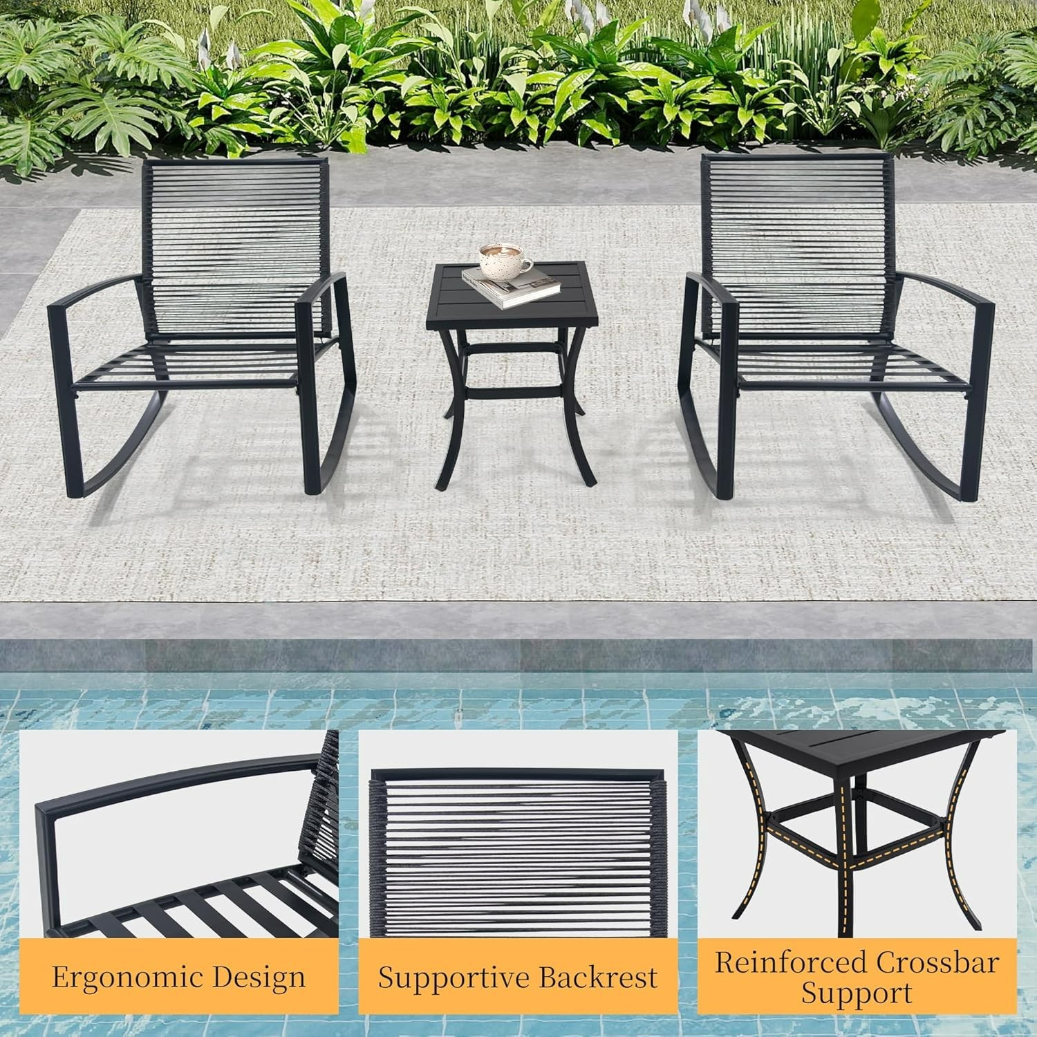 Domi 3-Piece Wicker Rocking Chair Set w/ Cushions & Table for Backyard,Grey
