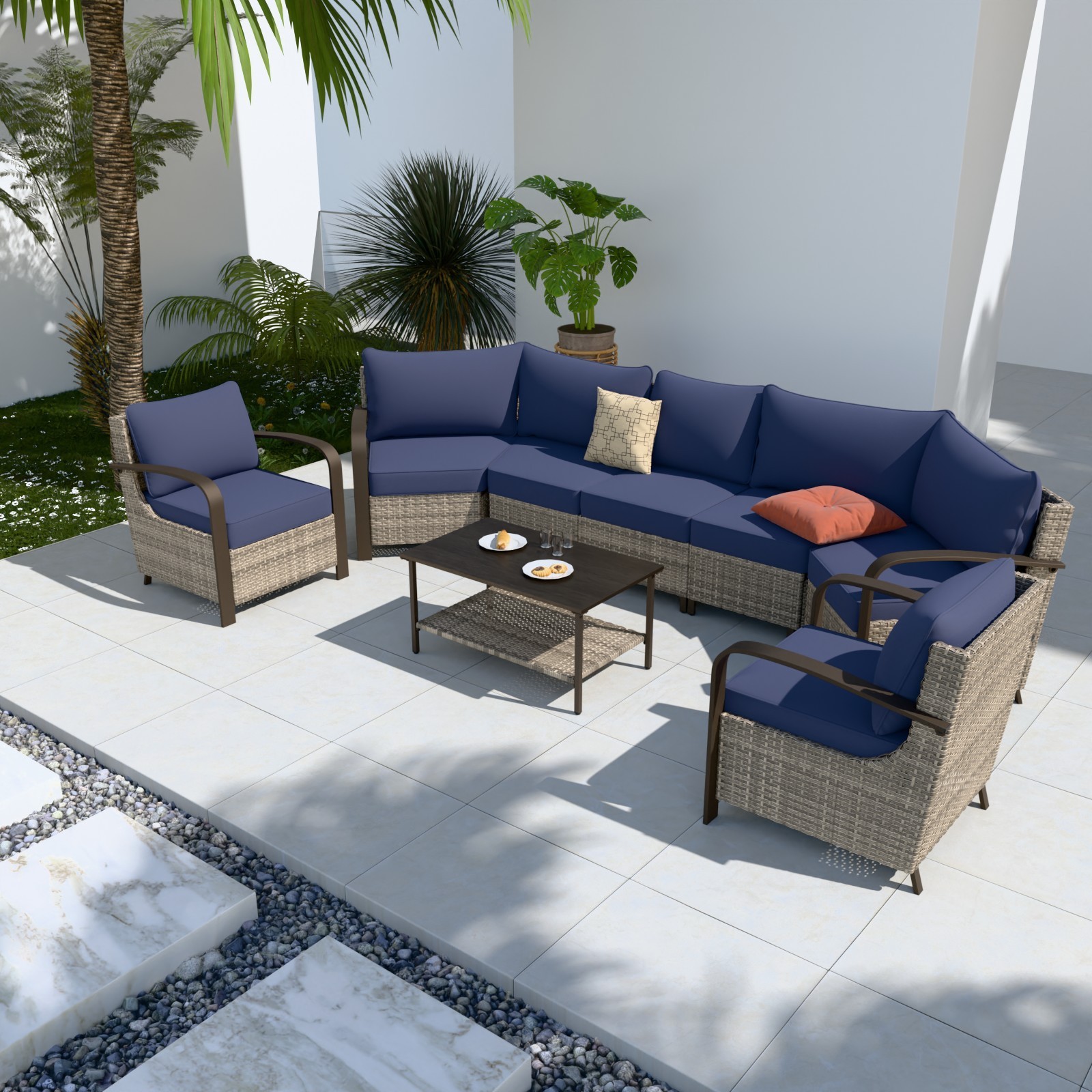EAGLE PEAK 6PCS Half-Moon Curved Wicker Outdoor Patio Furniture Set Conversation