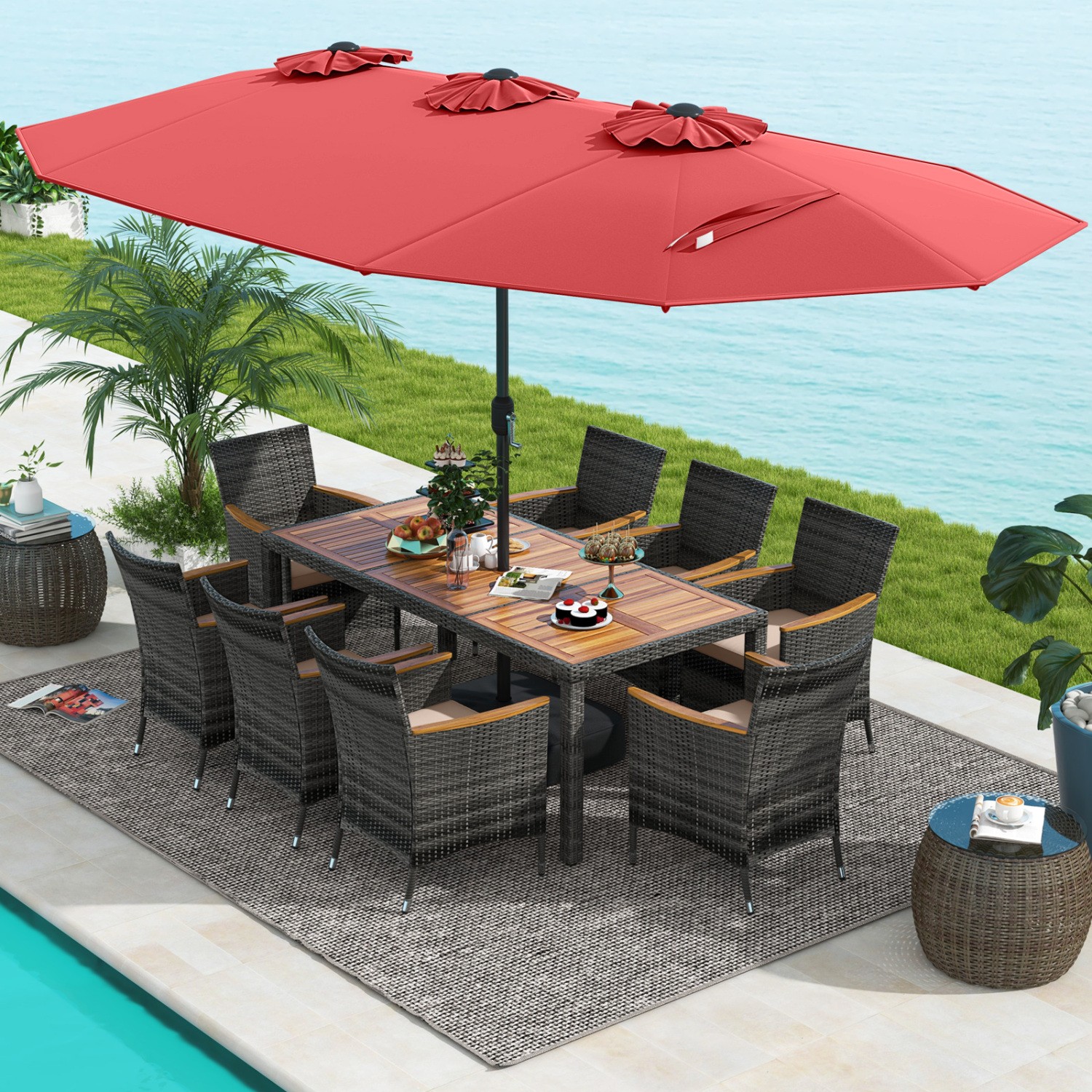 10Pcs Patio Wicker Dining Set 15Ft Double-Sided Umbrella Table Red