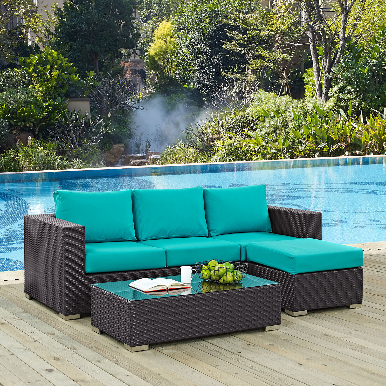 Modway 3PC Wicker Rattan Cushioned Outdoor Patio Sofa Set in Espresso Turquoise