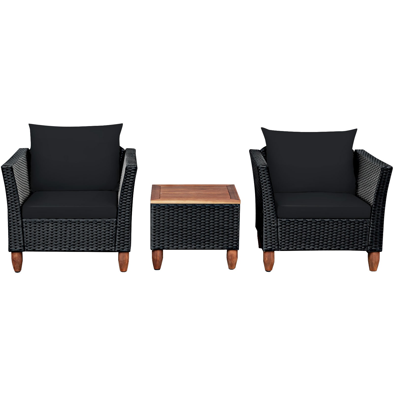 3PCS Outdoor Patio Rattan Furniture Set Wooden Table Top Cushioned Sofa Black