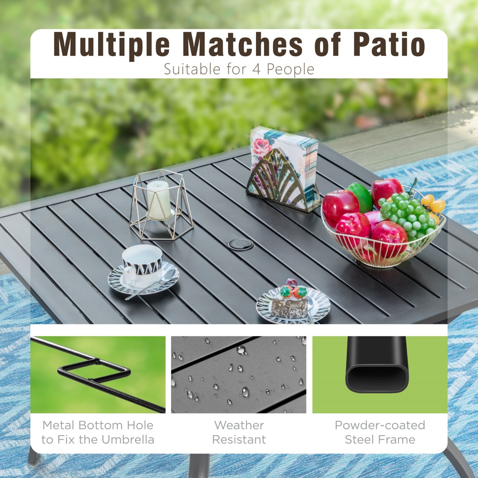 5 Piece Outdoor Dining Set Stackable Patio Chair Square Table with Umbrella Hole