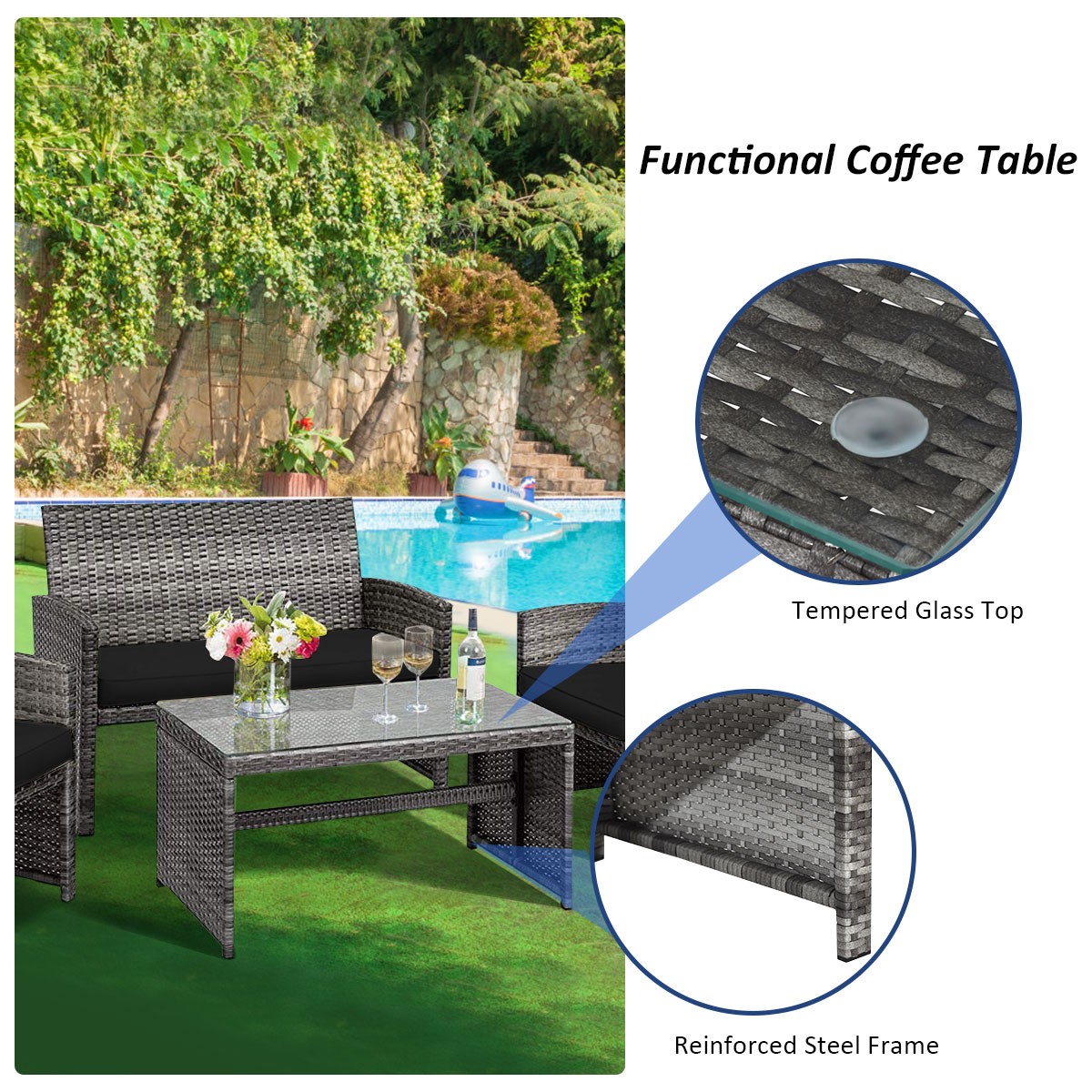 4PCS Patio Rattan Furniture Set Conversation Glass Table Top Sofa Cushioned