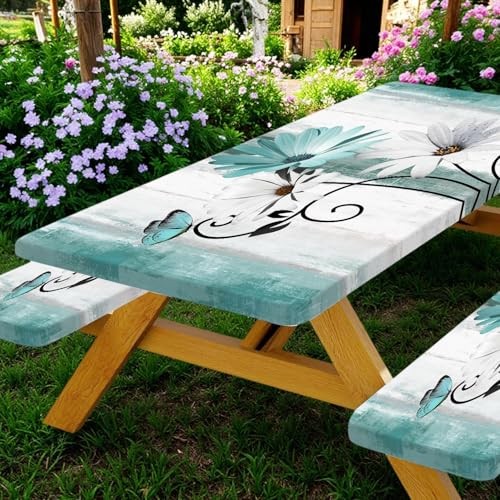 Rustic Farmhouse Teal Flower Picnic Table Cover 72″ x 30″ (Rectangular) Multi1