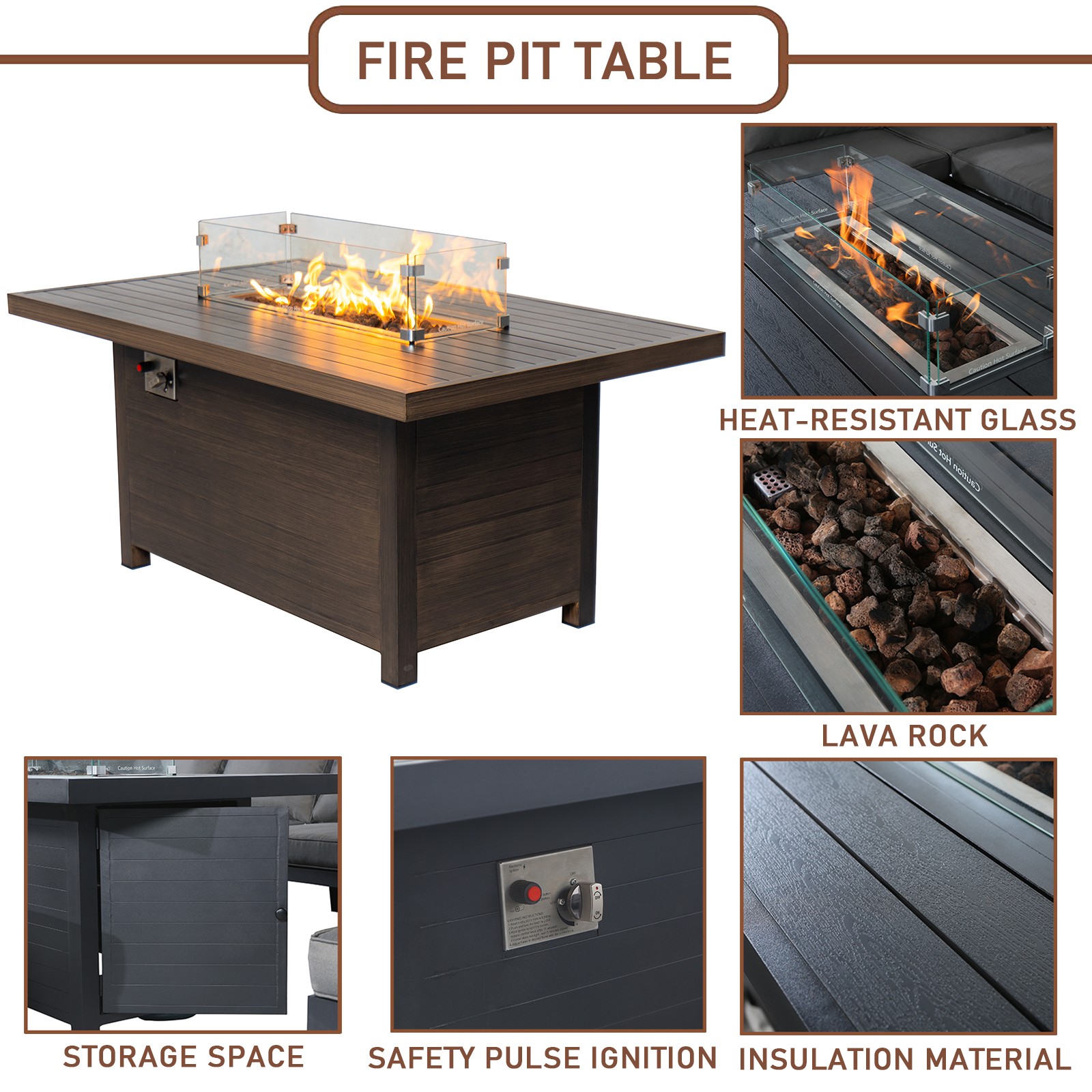 Aluminum Outdoor Dining Set with Fire Pit Table & 6 Swivel Chair Padded Cushion