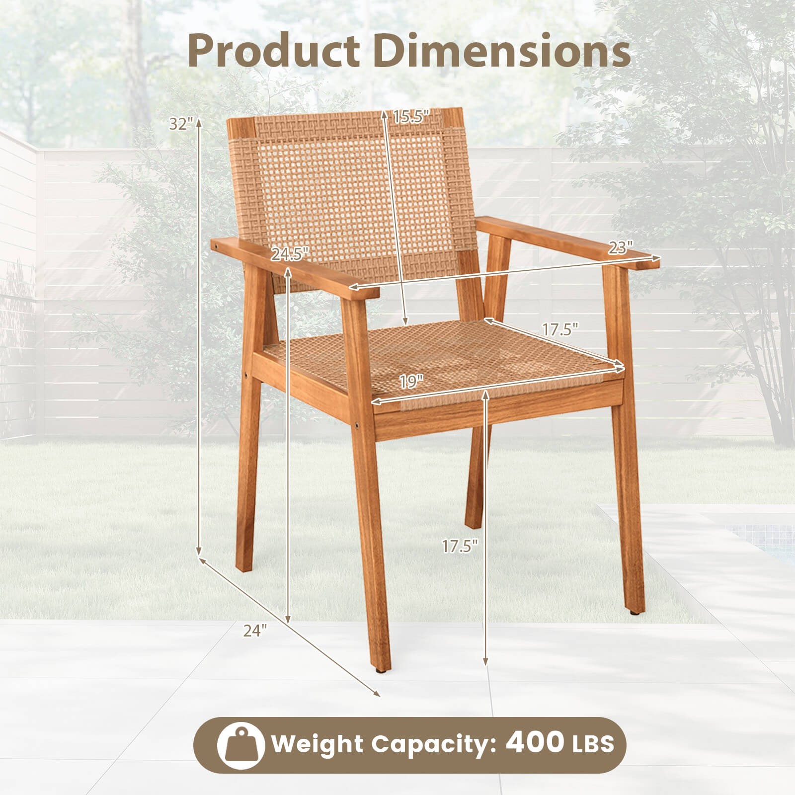 Acacia Wood Outdoor Dining Chairs Set of 4 w/Backrests & Armrests for Backyard
