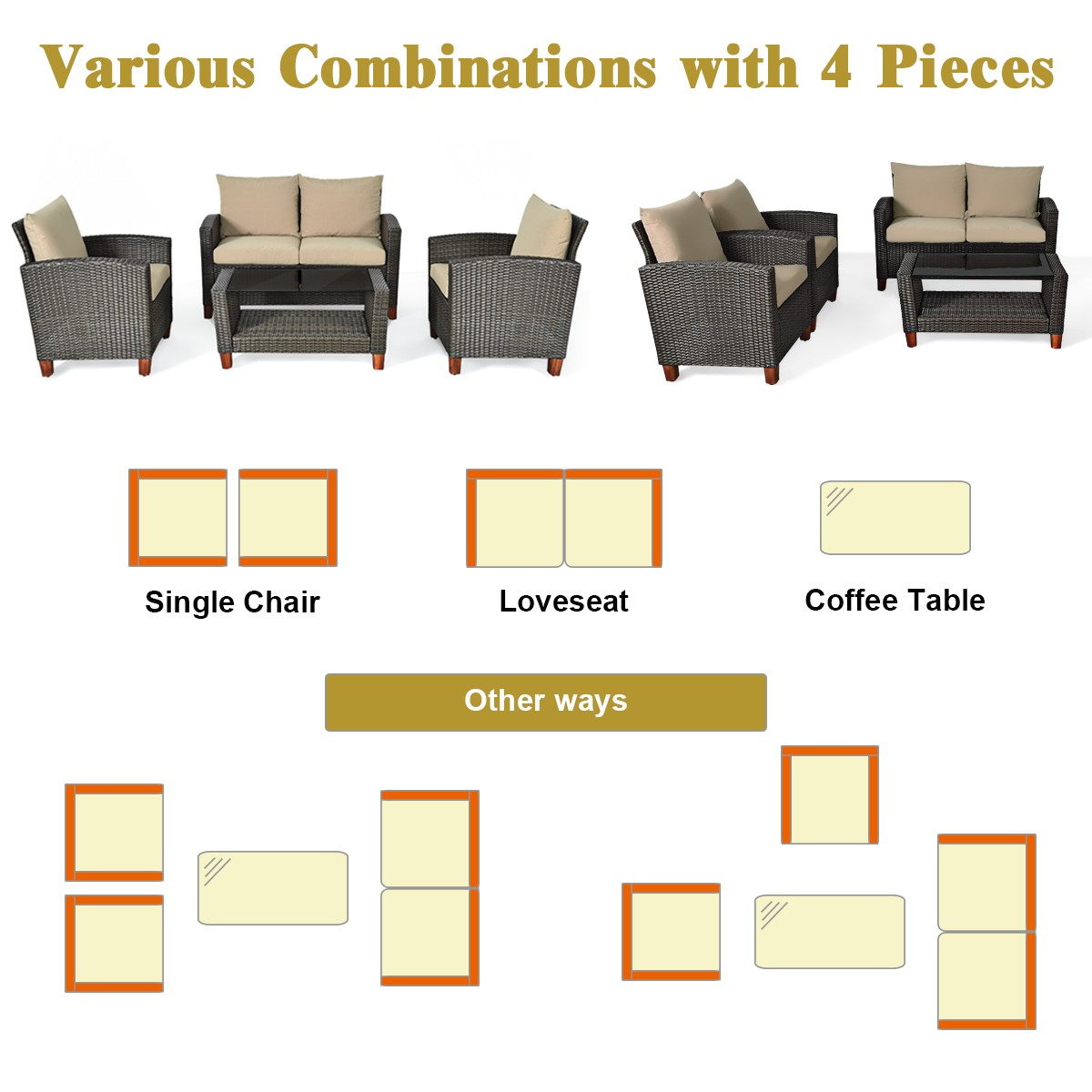 4PCS Patio Rattan Furniture Set Solid Wood Leg Cushioned Sofa Garden Lawn