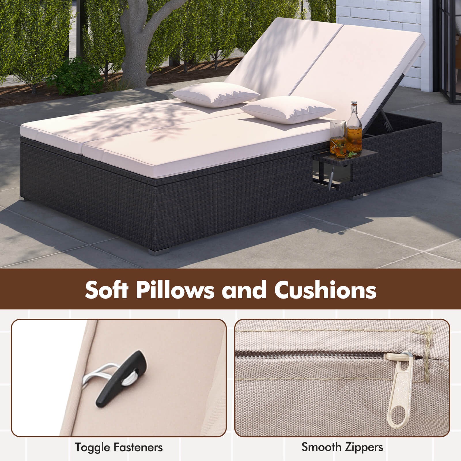 Patio Daybed PE Wicker Double Chaise Lounge w/ Adjustable Backrests