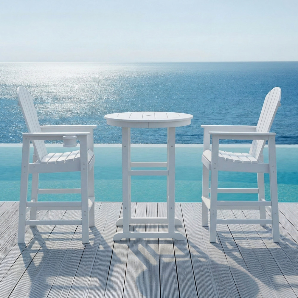 3 Piece White HDPE Indoor Outdoor Bar Set 42.1″ Round Bar Table 2 Bar Stools