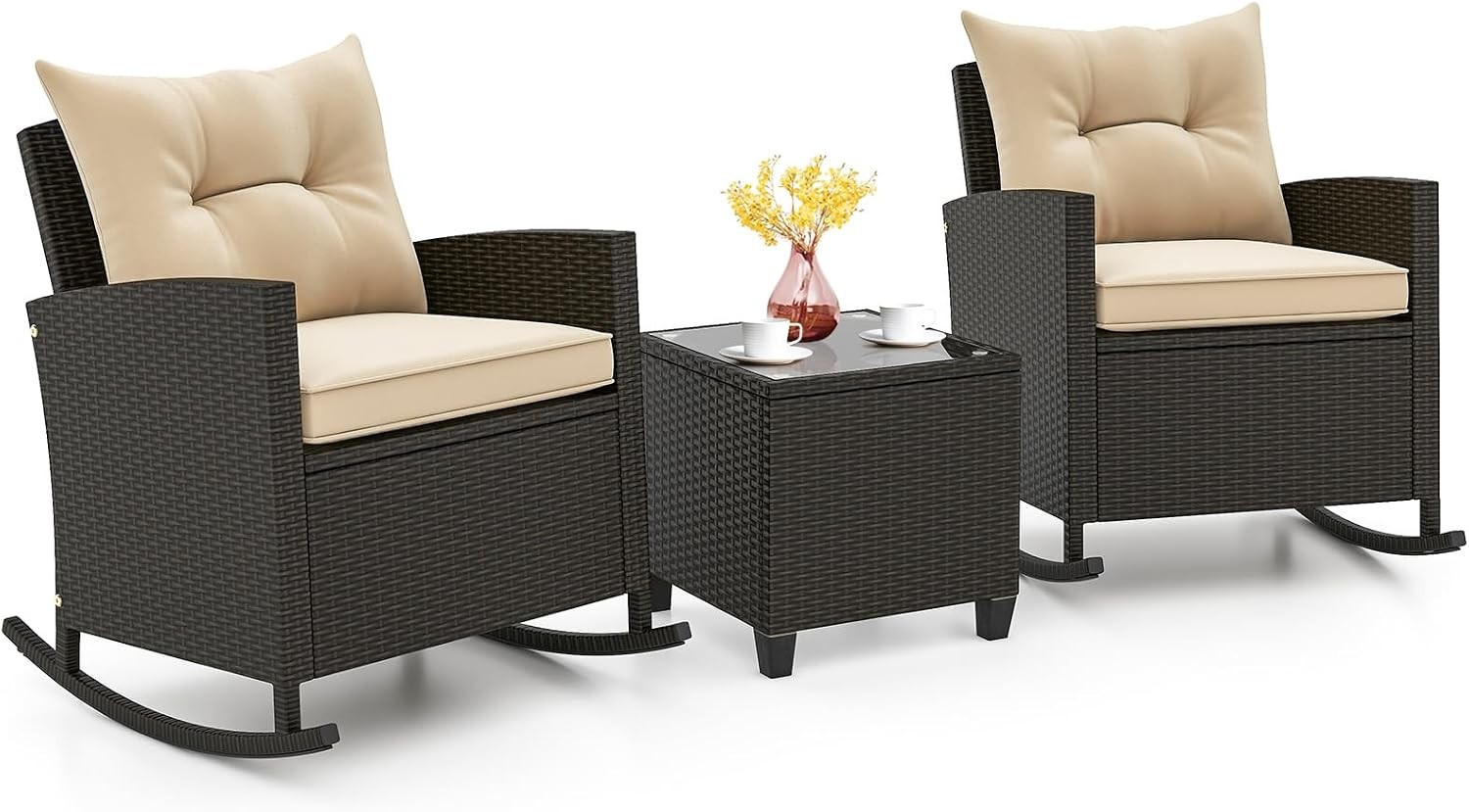 3 Piece Patio Furniture Rocking Bistro Set Wicker Outdoor Rocking Chairs & Glass