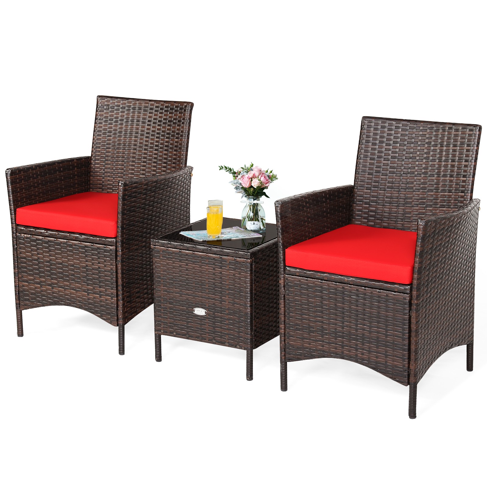 Patiojoy 3PCS Patio Rattan Furniture Set Cushioned Sofa Glass Tabletop Deck Red