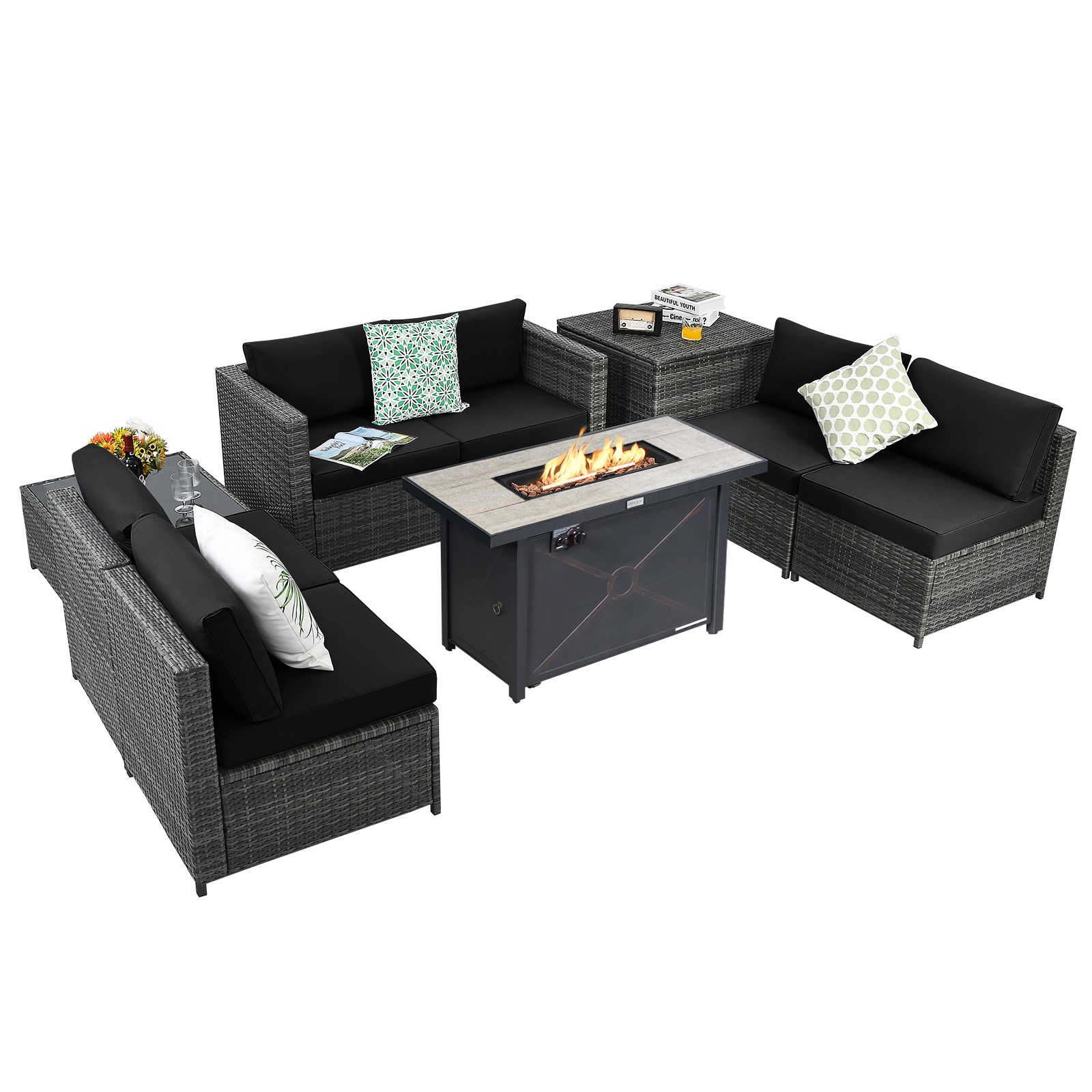 9 PCS Ratio Furniture Set w/42″ Fire Pit Table & Coffee Table & Soft Seats Black