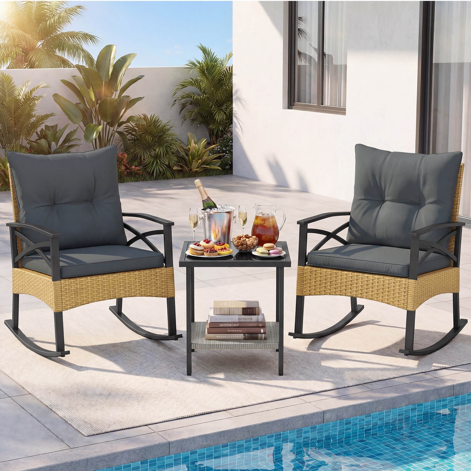 3-Piece Rattan Rocking Bistro Set w/Tempered Glass Tabletop & Cushions for Porch