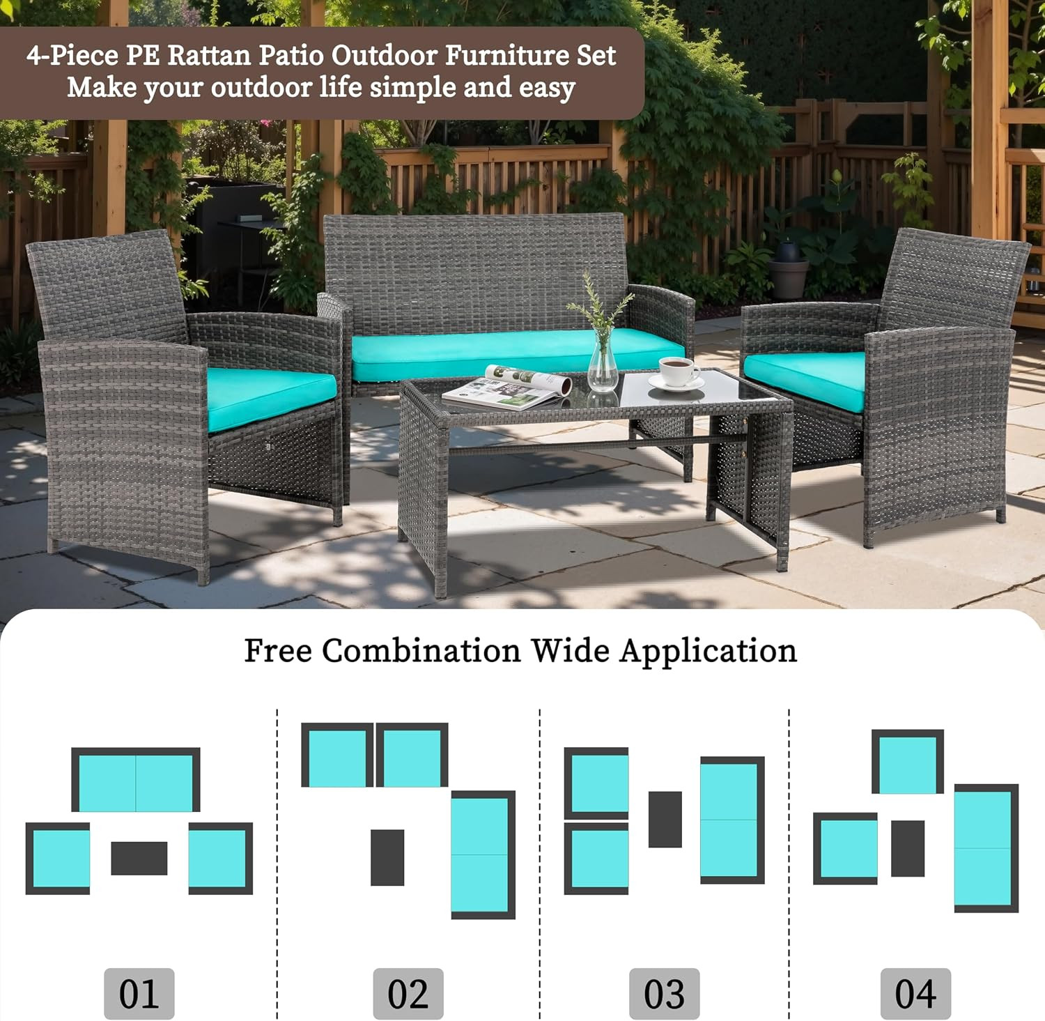 4 Piece Patio Ratten Set Outdoor Furniture Set Wicker Conversation Sets with Cus