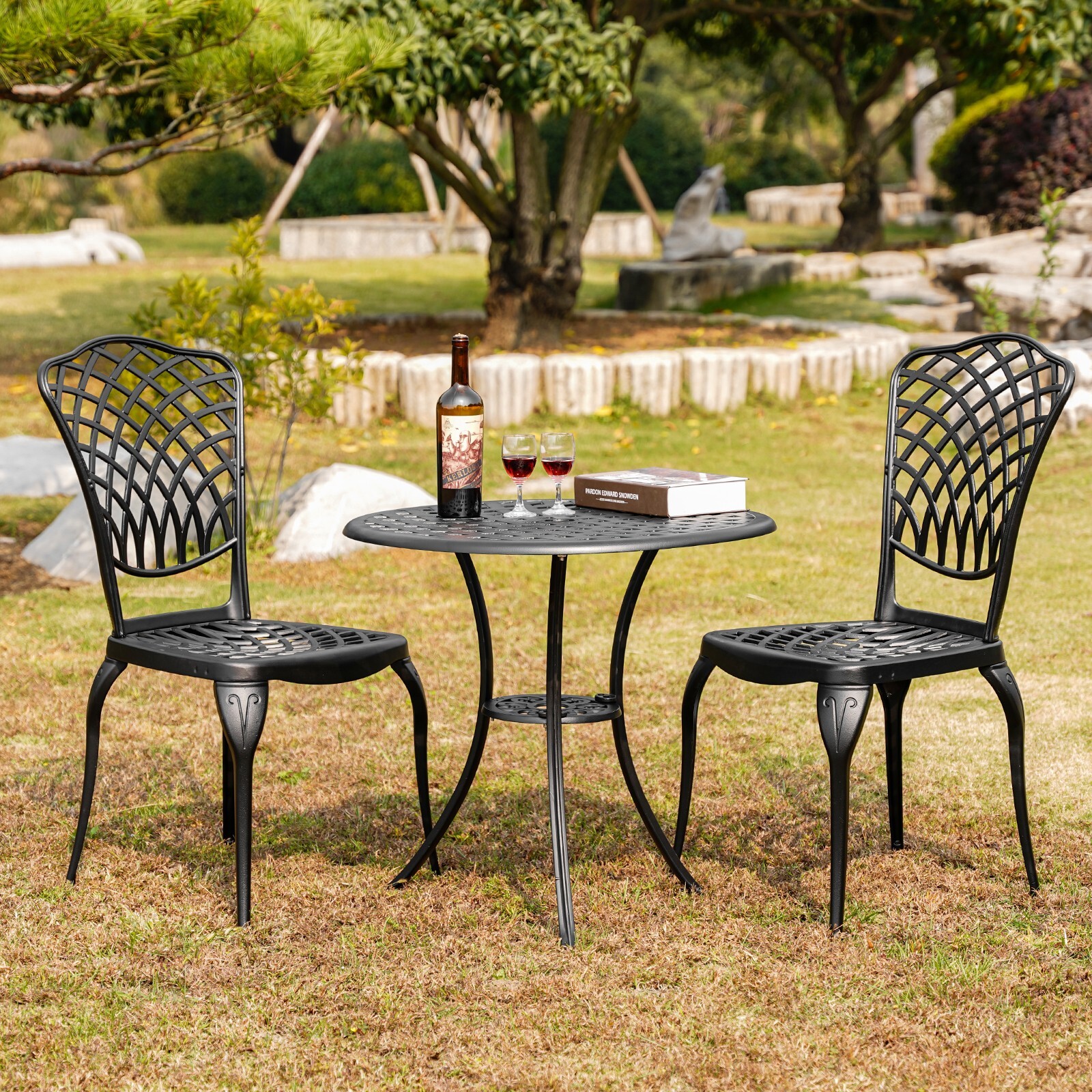 Bistro Set 3 Piece All Weather Outdoor Bistro Table and Chairs Set of 2 Black