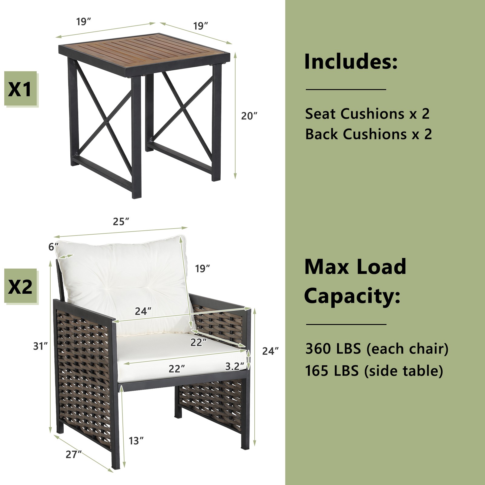 3-Piece Patio Wicker Chair Set w/ Acacia Wood Tabletop & Rattan Chairs White