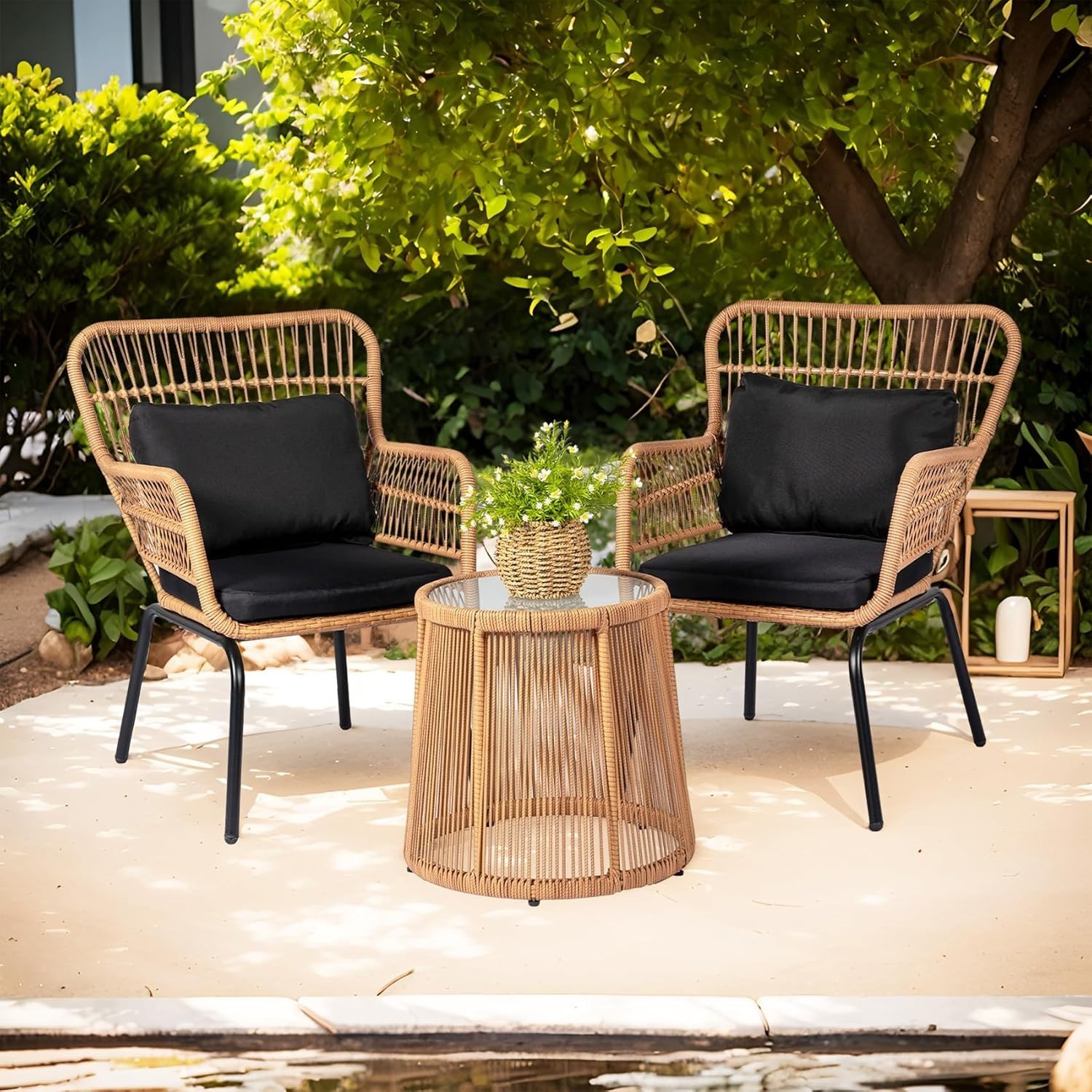 Bistro Set Chair & Table Set Wicker Rattan 3Pcs Outdoor Bistro Set, Yellow/Black