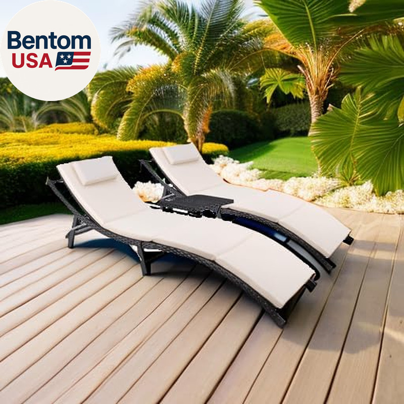 Patio Chaise Lounge Sets Outdoor Rattan Adjustable Back 3 Pieces Cushioned Patio