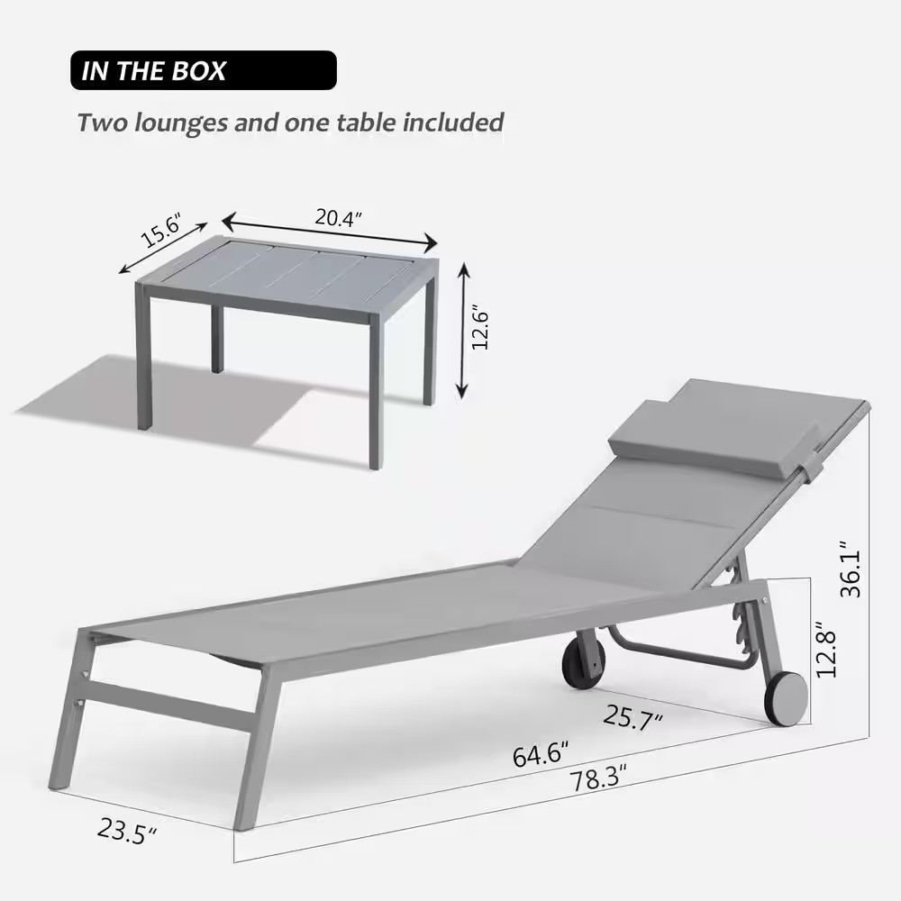 Gray 2-Piece Metal Outdoor Chaise Lounge with Side Table