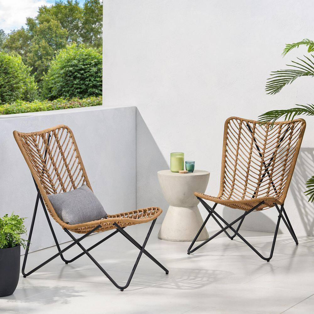2-Pieces Light Brown PE Wicker and Metal Outdoor Lawn Chairs with Geometric Cros