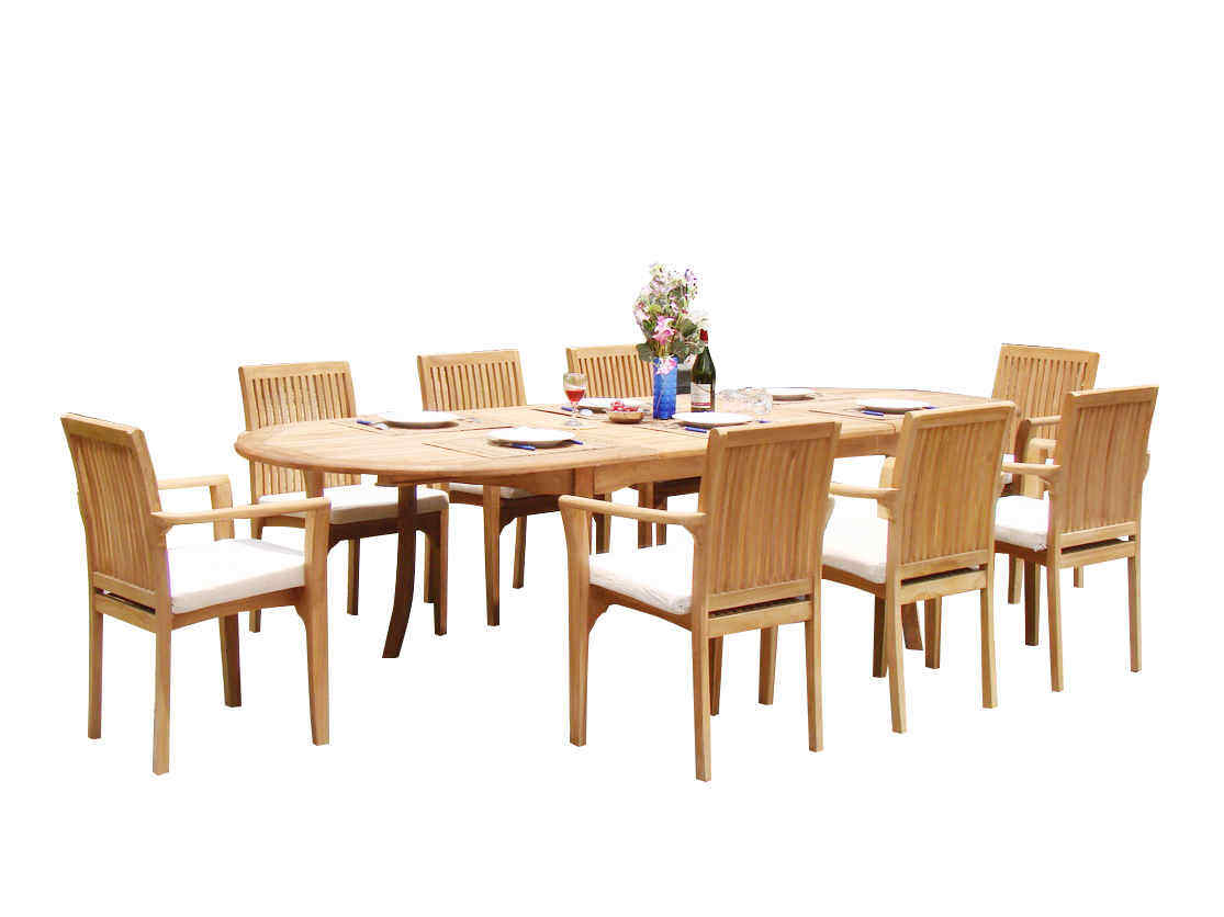 A-Grade Teak 9pc Dining 118″ Oval Table 8 Lua Stacking Arm Chairs Set Outdoor