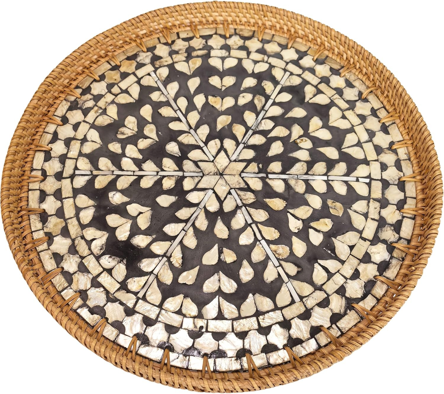 16″ Rattan & Mother of Pearl Lazy Susan with Artisan Inlay – round Black Rotatin