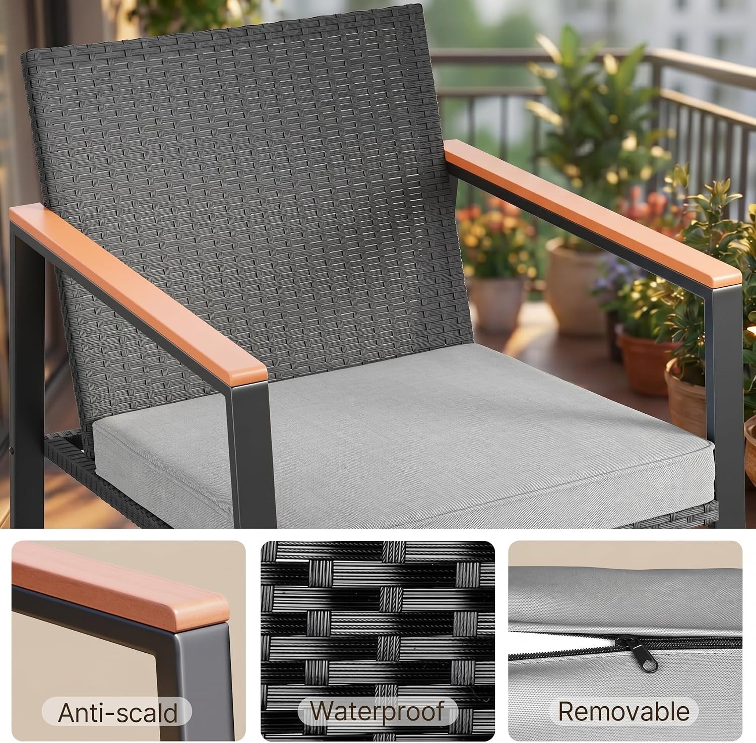 3 Pieces Rocking Patio Bistro Set W/ Anti-Scald Armrest Outdoor Patio Wicker