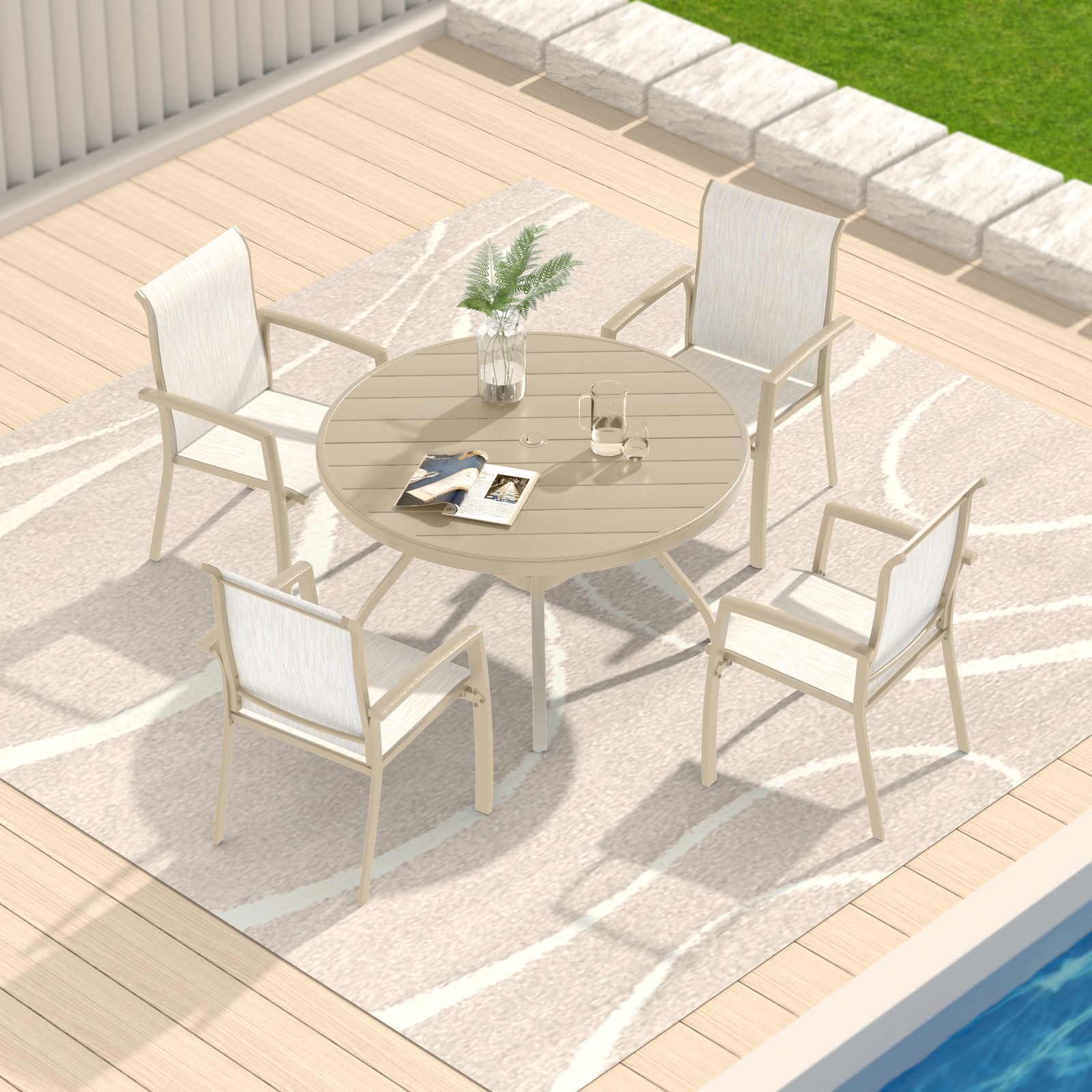 5-Piece Patio Dining Set with 4 Stackable Chairs & 40.6″ Round Table
