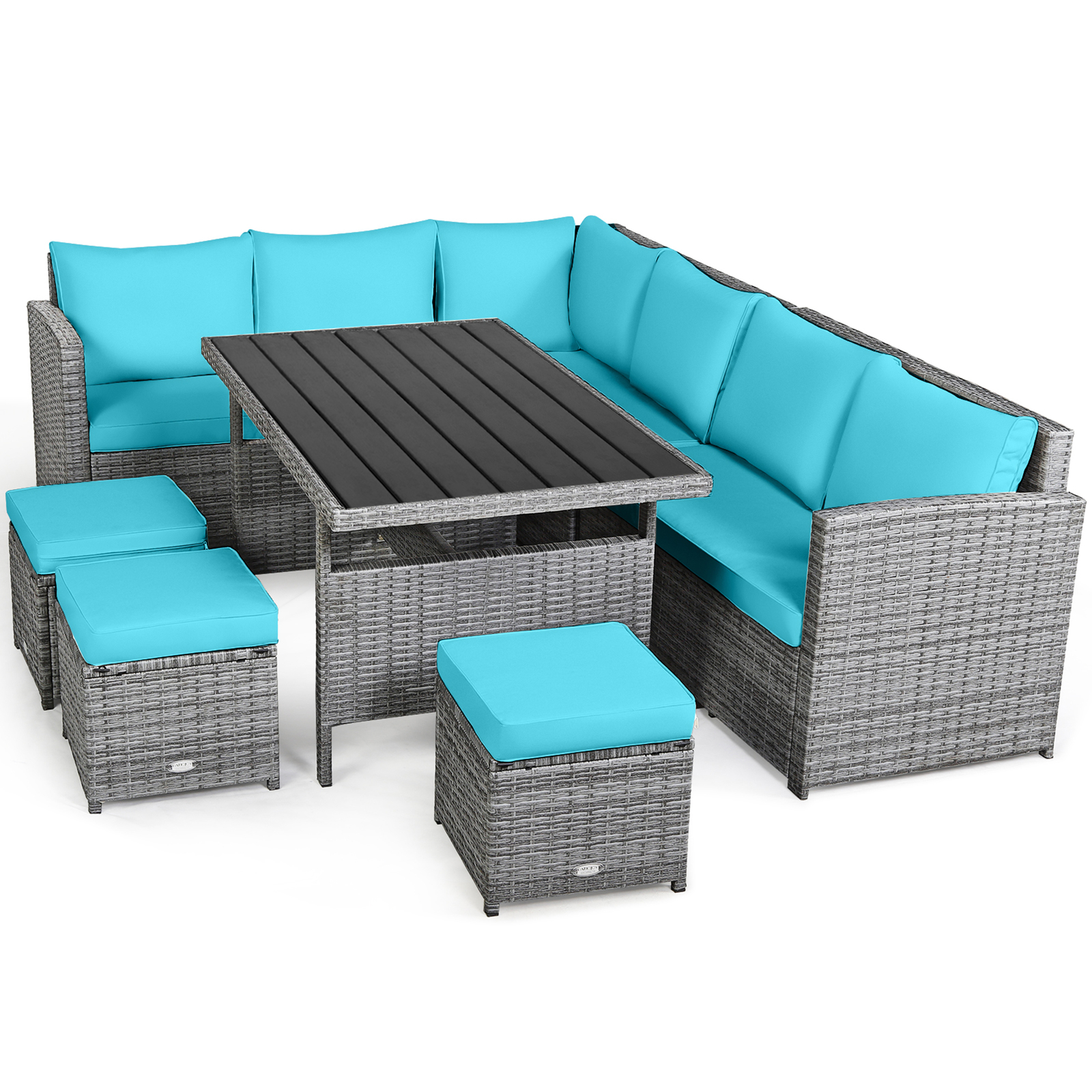 7PCS Rattan Patio Sectional Sofa Set Conversation Set w/ Turquoise Cushions