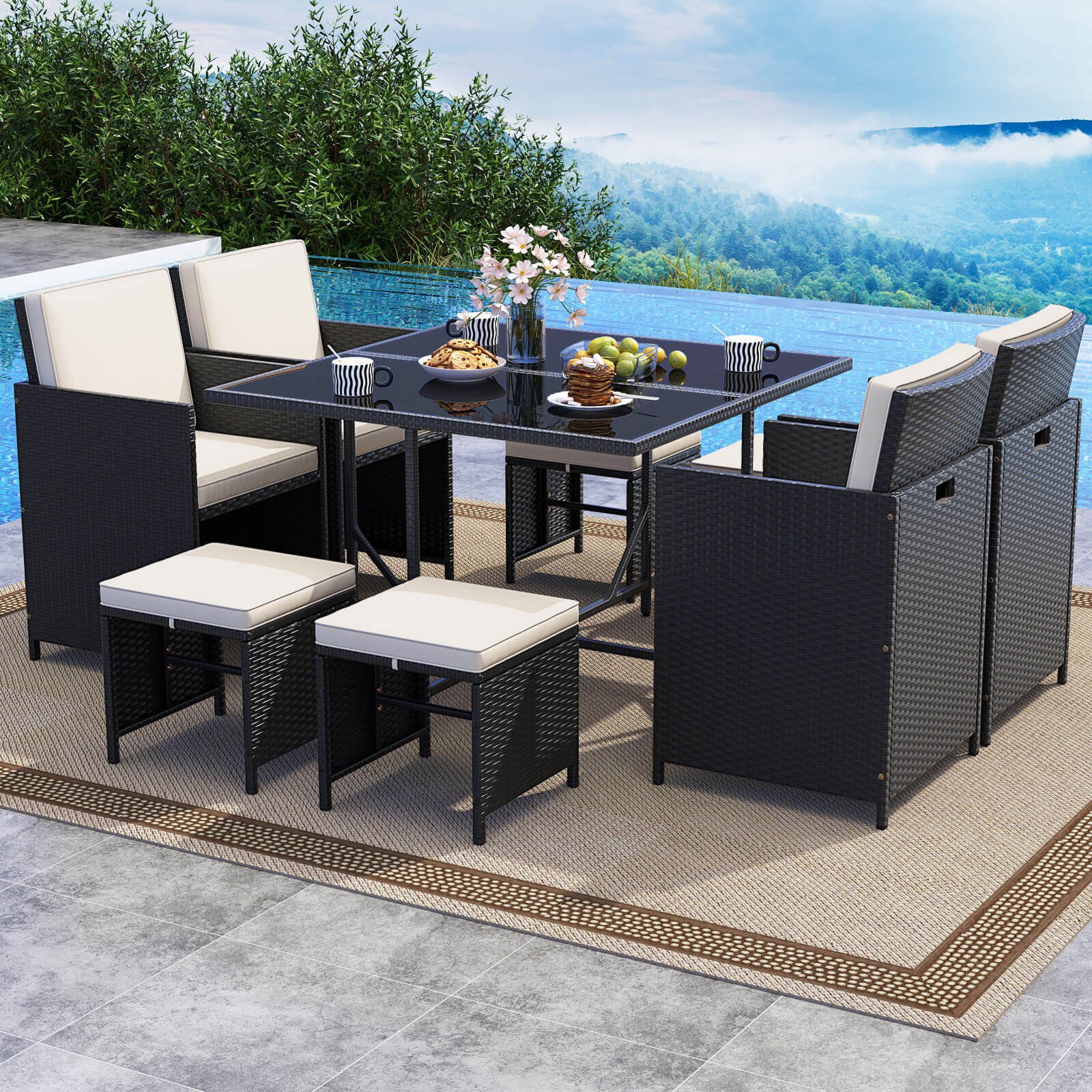 9 PCS Patio Dining Set w/Tempered Glass Table & Ottoman Removable Cushions