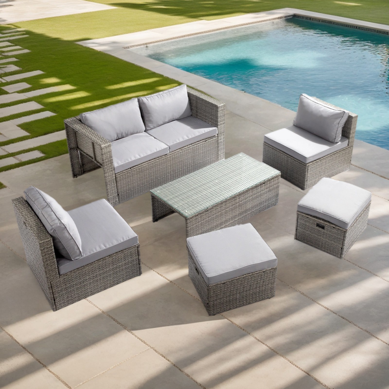 6 Piece Outdoor Patio Rattan Sectional Furniture Chair Set with Table, Footstool