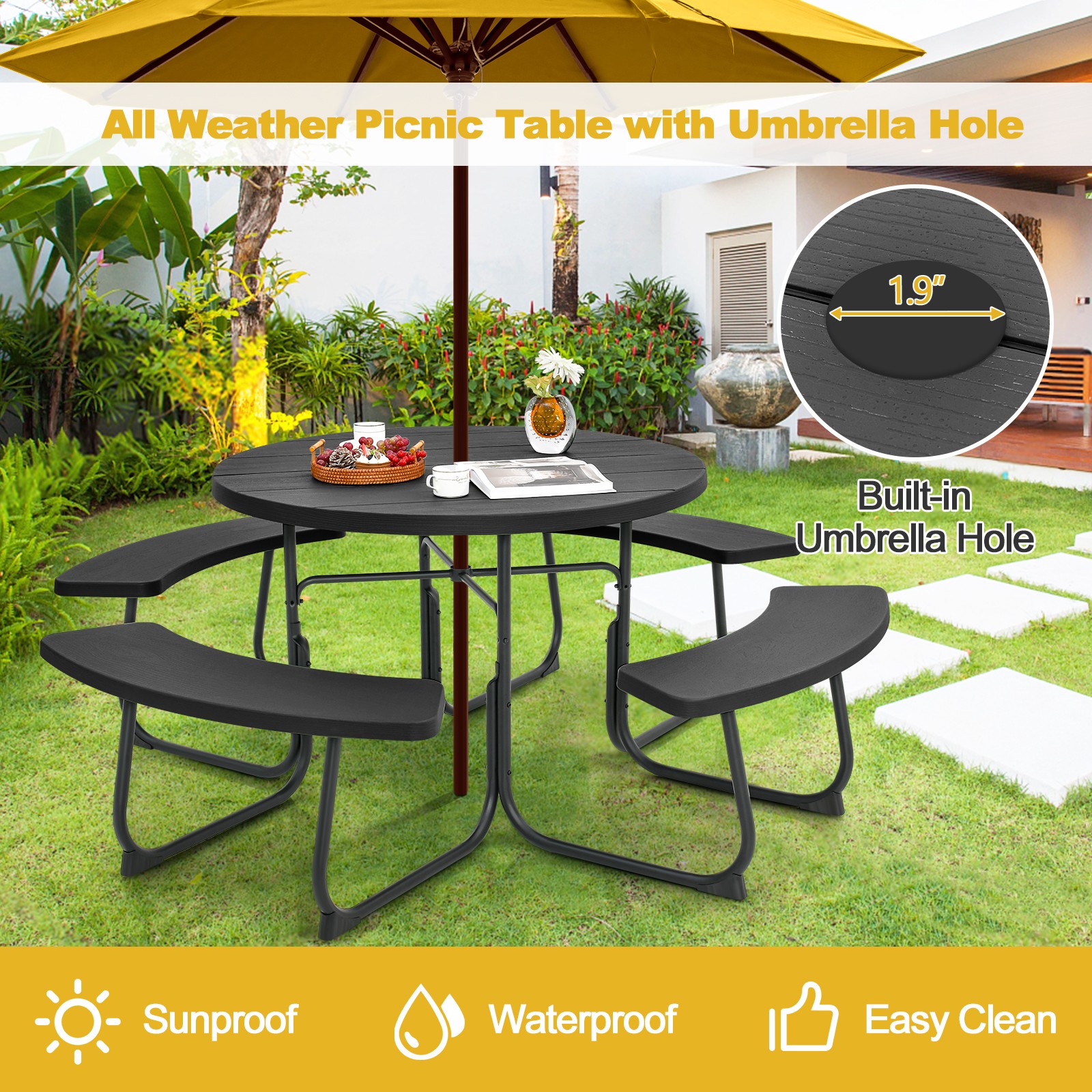 Outdoor 8-person Round Picnic Table Bench Set w/ Umbrella Hole & 4 Benches Black