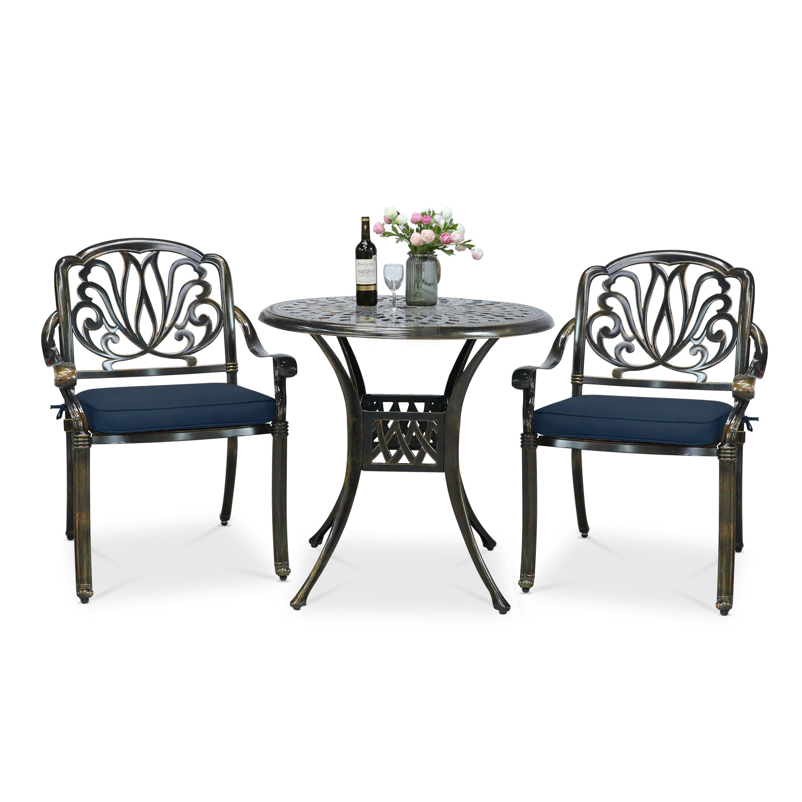 3-Piece Outdoor Furniture Dining Set Cast Aluminum Conversation Set W/ Cushions