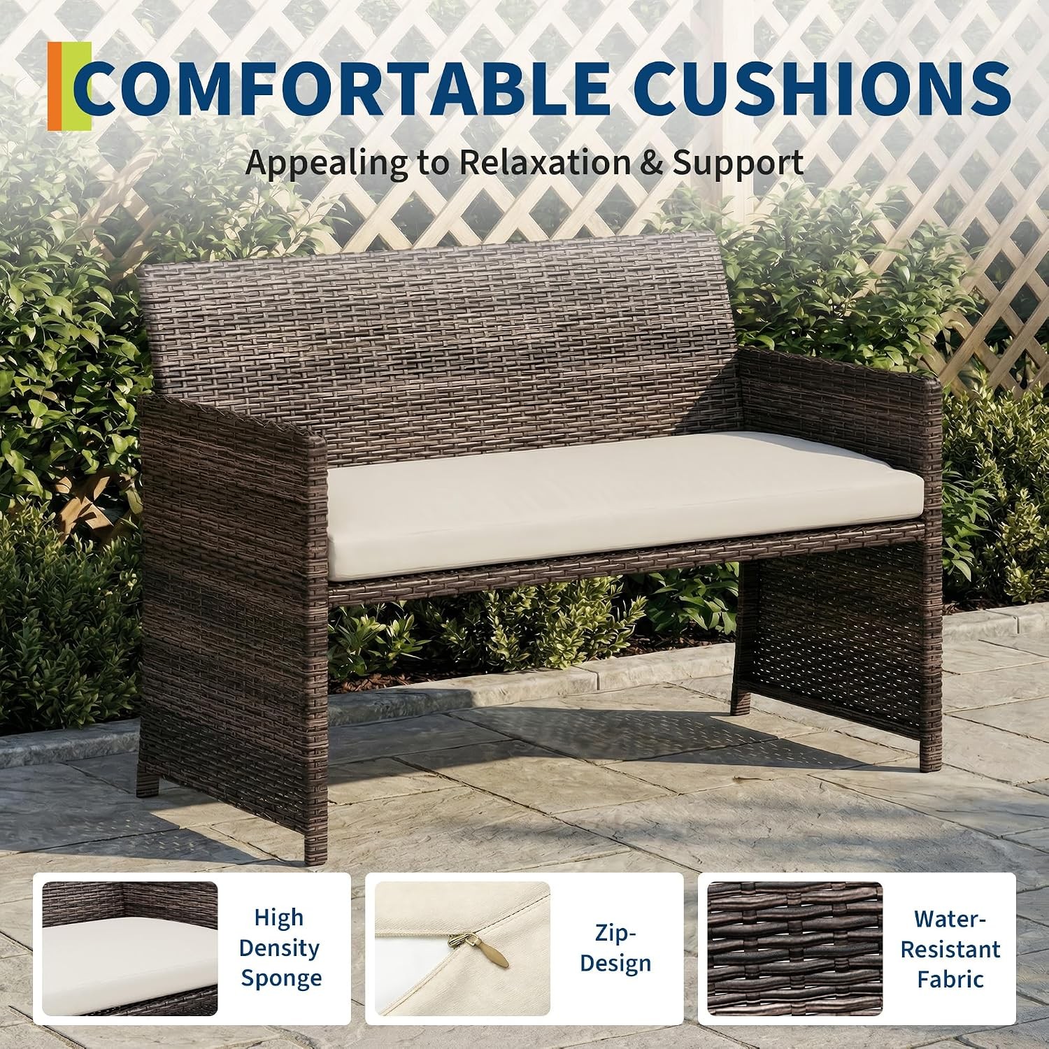 🪑 4 Piece Brown Beige Wicker Patio Set Rattan Sofa Glass Table Cushion Outdoor