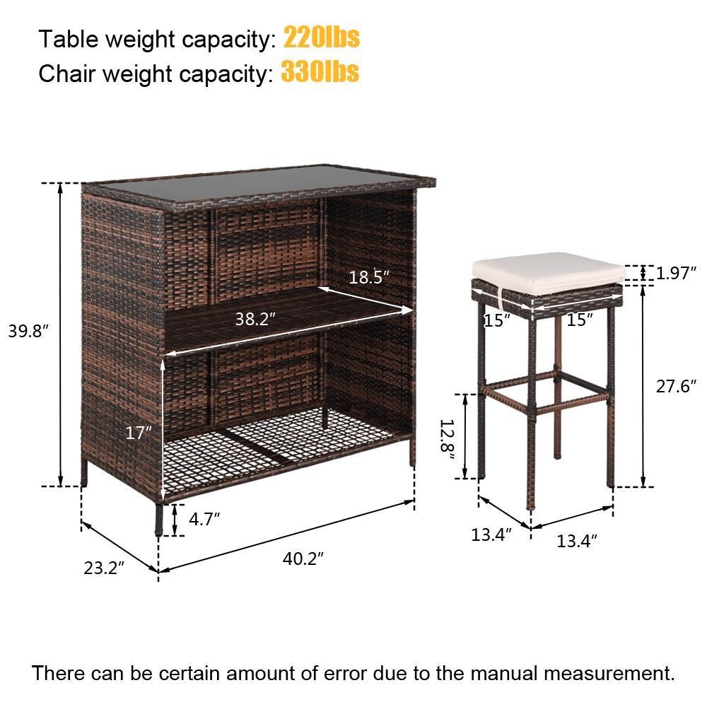 3 Pieces Patio Bar Set Patio Outdoor Rattan Wicker Dinning Table and 2 Stools