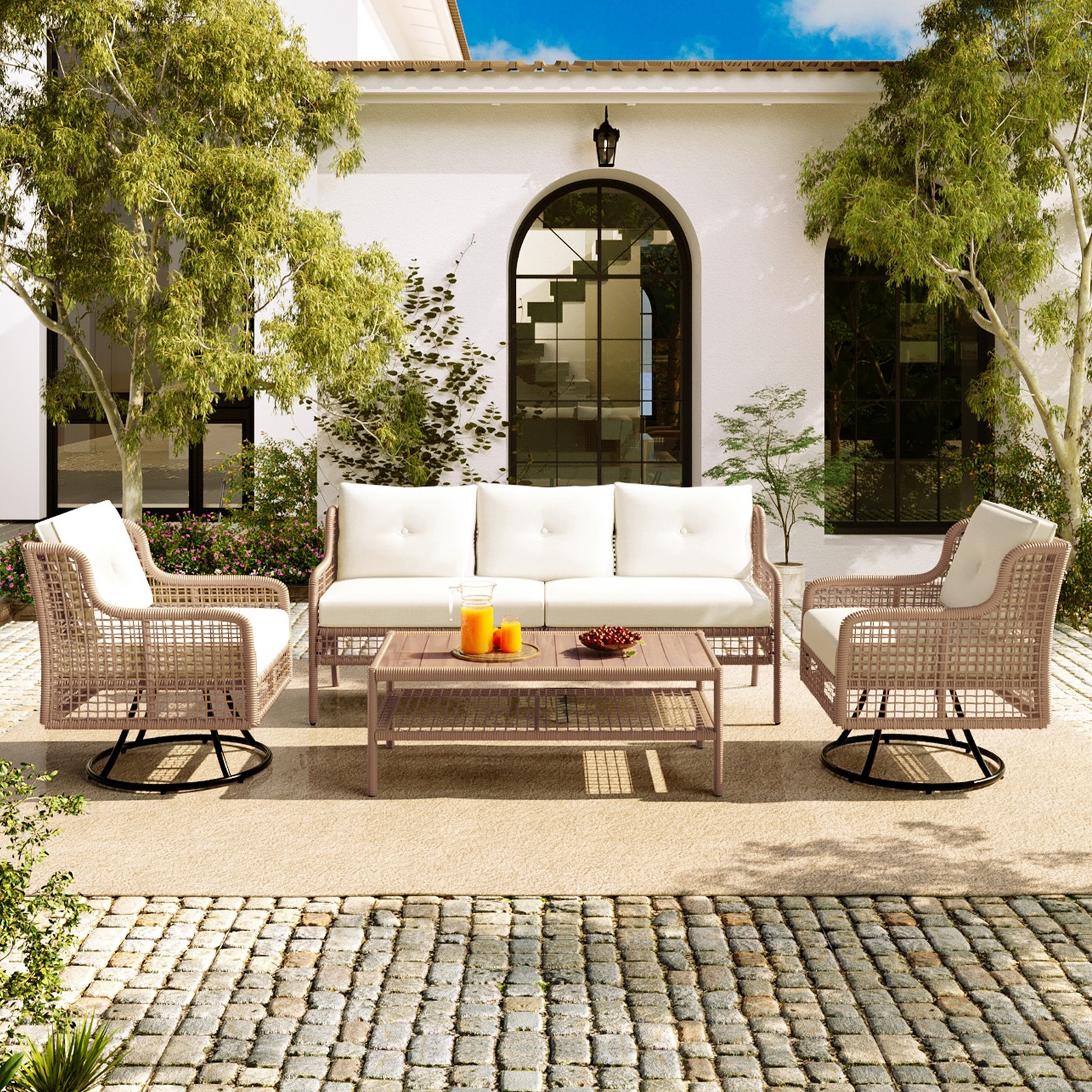 5-Person Patio Furniture Set with Swivel Chairs, Beige Rattan Sectional Sofa
