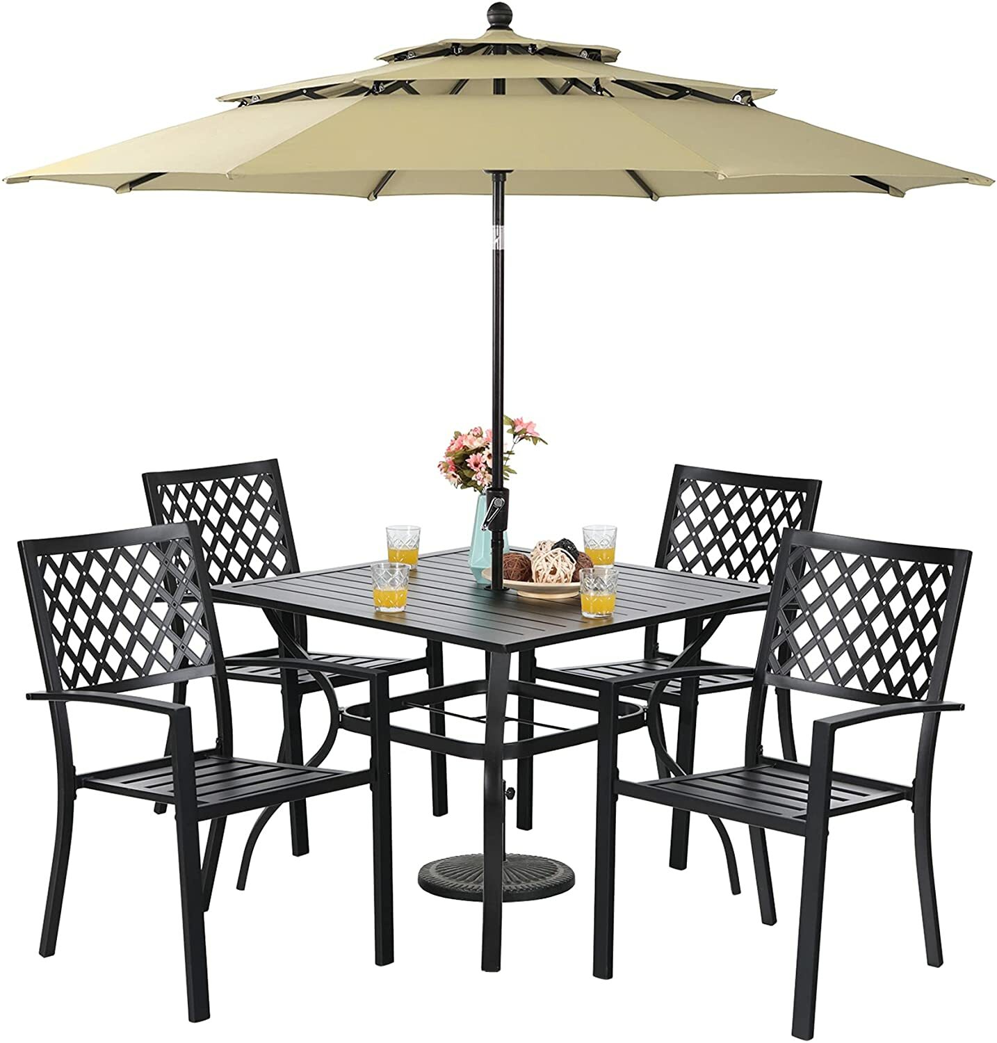 Patio Furniture Set Outdoor Chairs Stackable Square Table and 10ft Umbrella