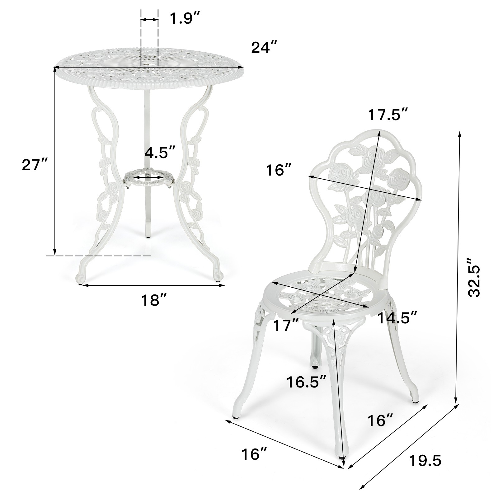 Patiojoy Outdoor 3PCS Cast Aluminum Patio Bistro Furniture Set Rose Design White