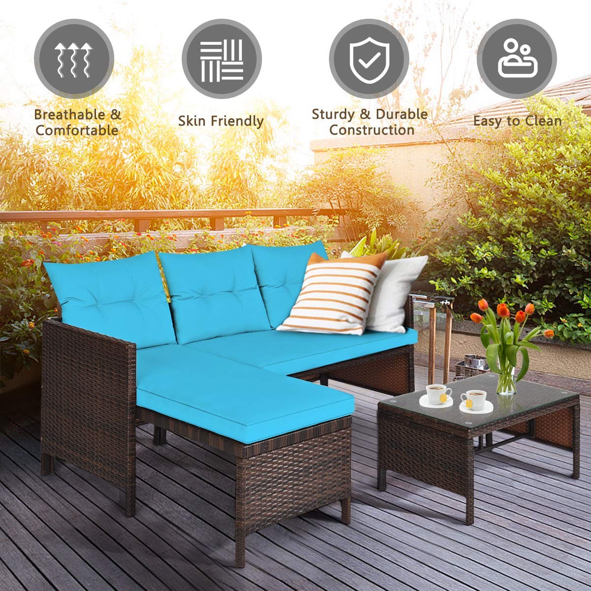 RELAX4LIFE 3-Piece Patio Furniture Set, Outdoor Wicker Sectional Sofa Set w/W…