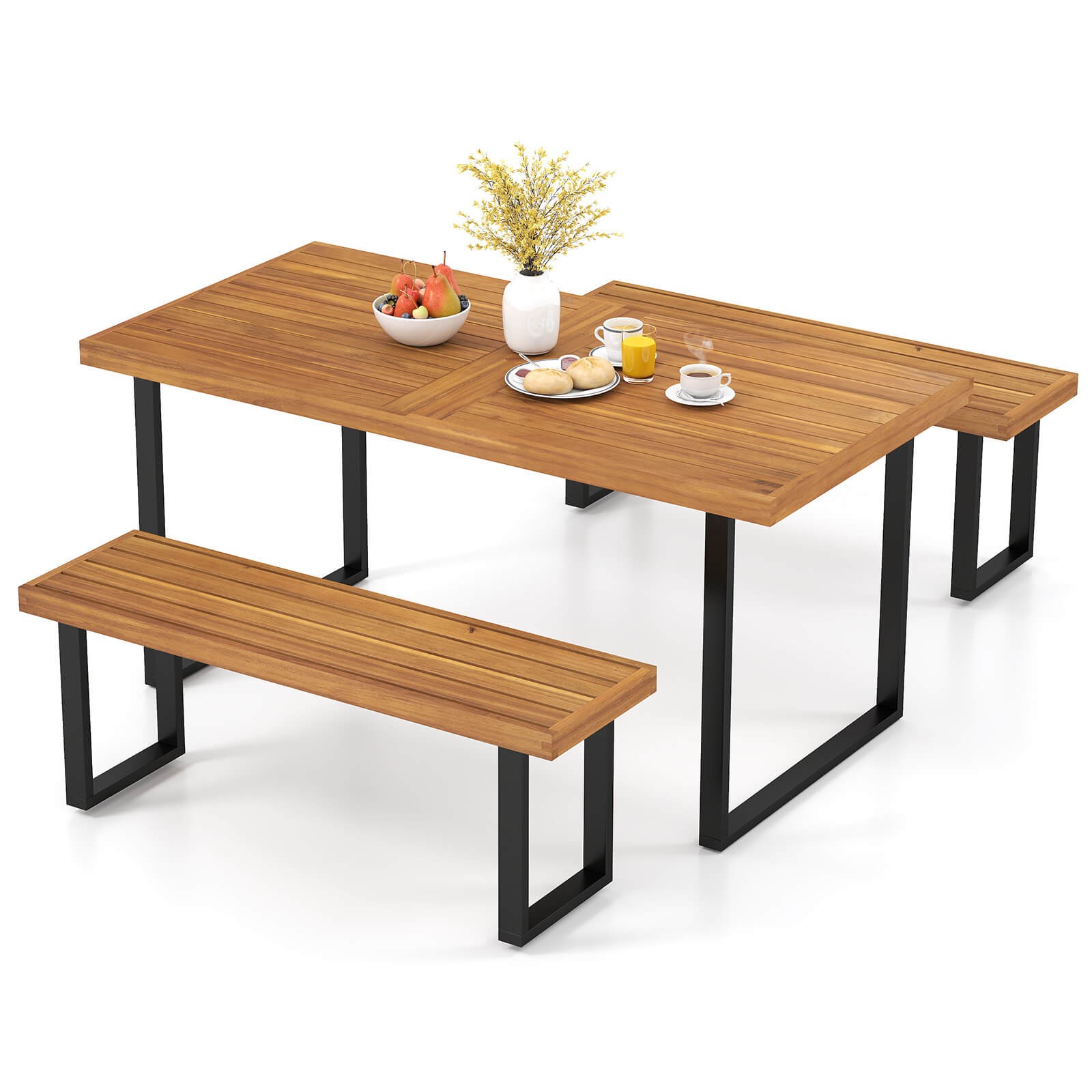 3PCS Patio Dining Table Set, 63” Rectangle Table 2 Backless Bench Umbrella Hole