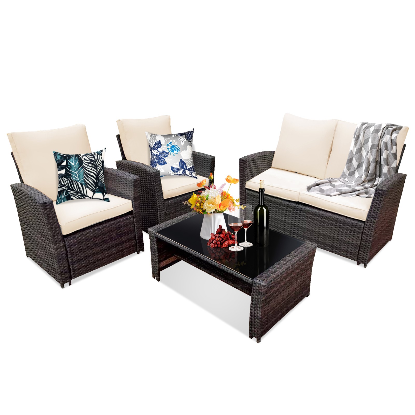4PC Patio Furniture Set Outdoor Sectional Sofa W/Coffee Table & Cushion For Yard