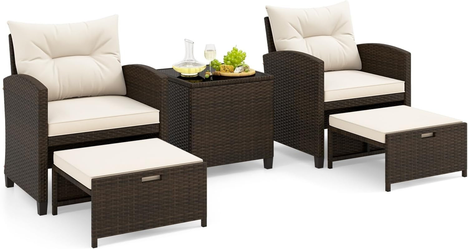 5 Pieces Patio Conversation Set, PE Wicker Outdoor Furniture Set with 2 Chairs,