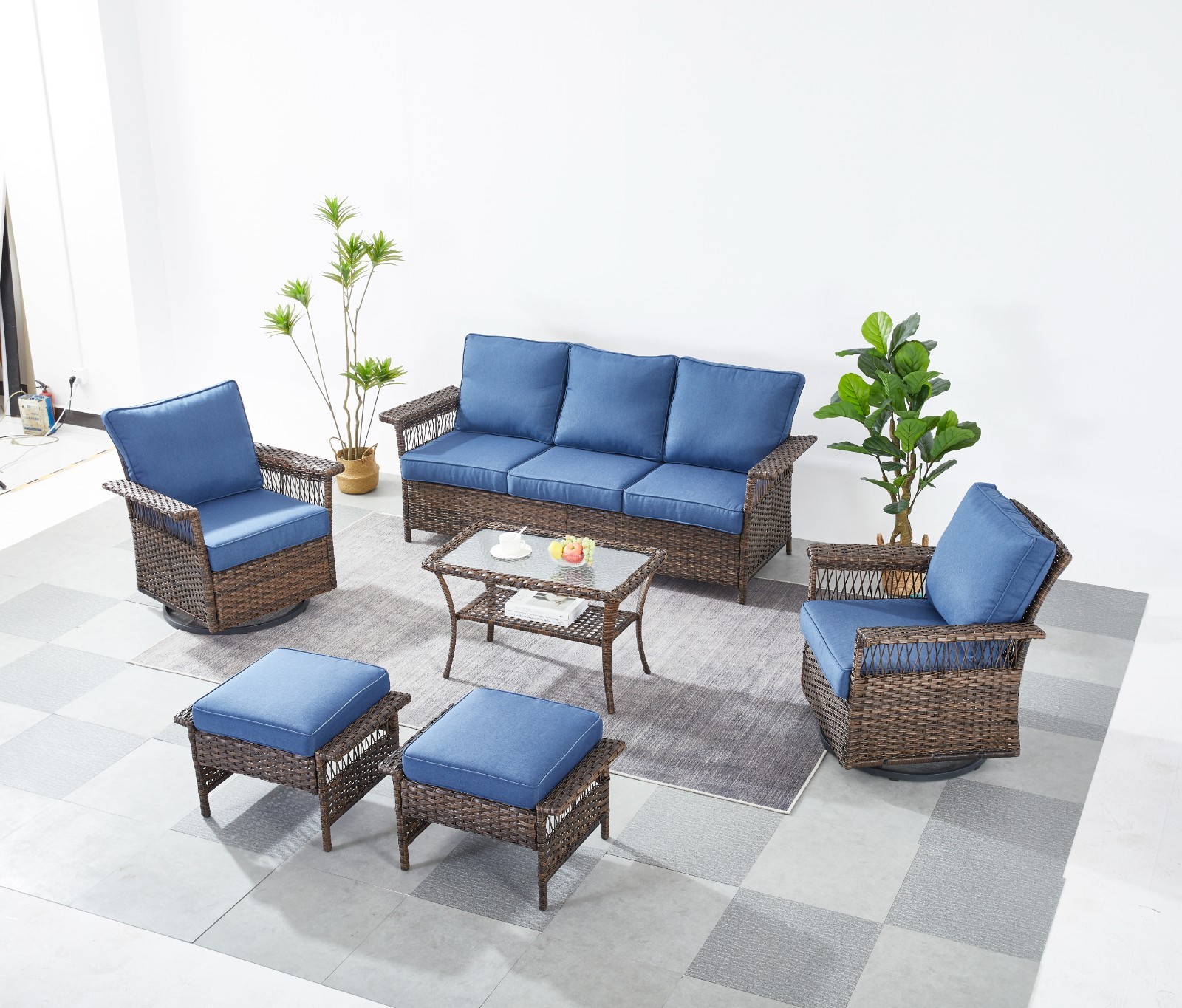 Outdoor Brown Wicker Patio Set, 5-Piece Sofa with Swivel Chairs and 2 Ottomans