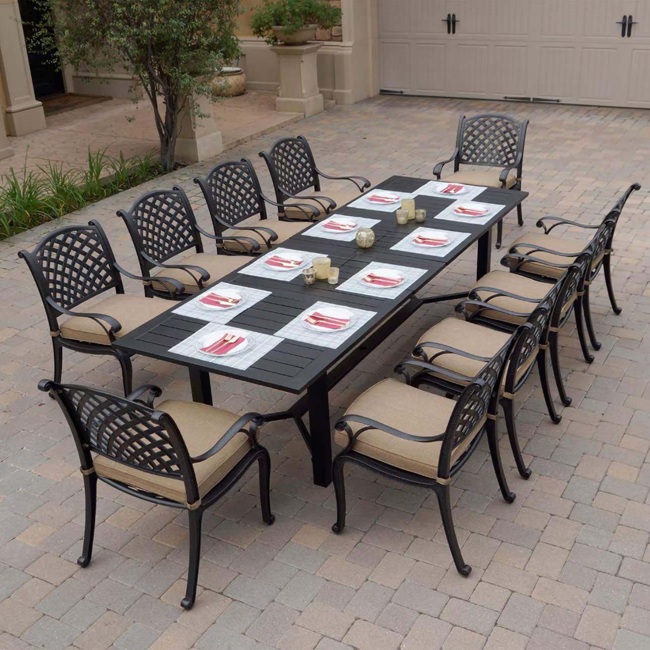 Nassau 11 Pc Cast Aluminum Dining Set in Antique Bronze Sesame Cushions By
